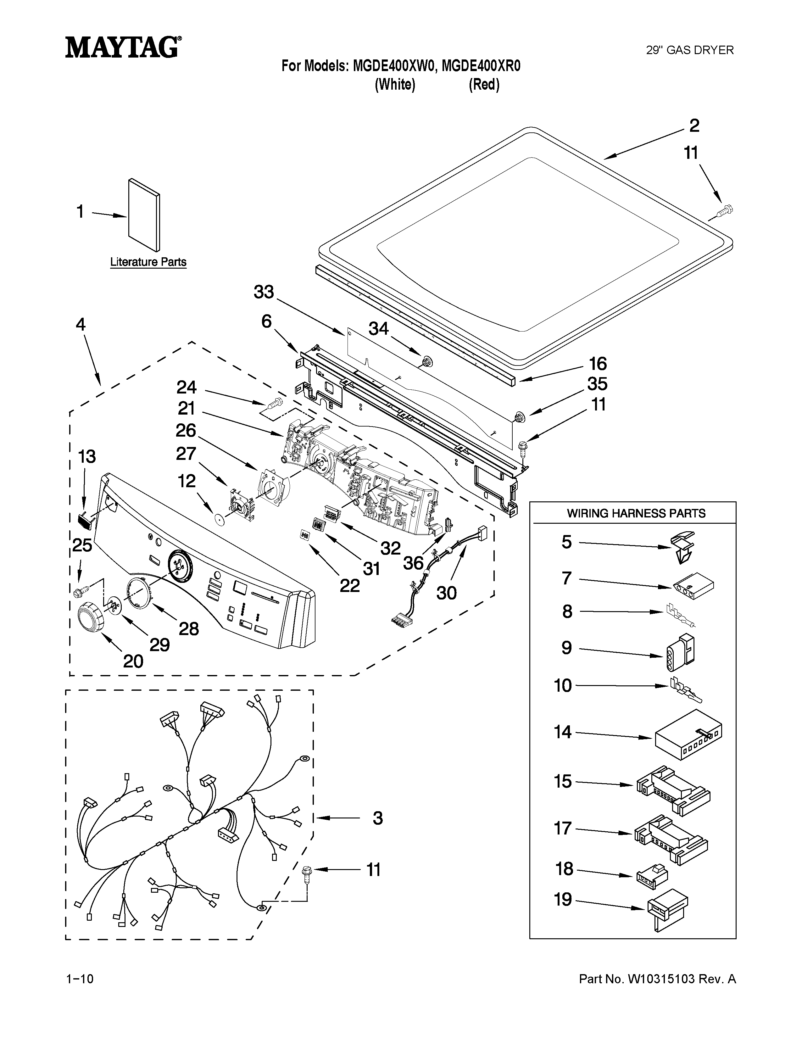 Maytag MGDE400XW0 top and console parts diagram