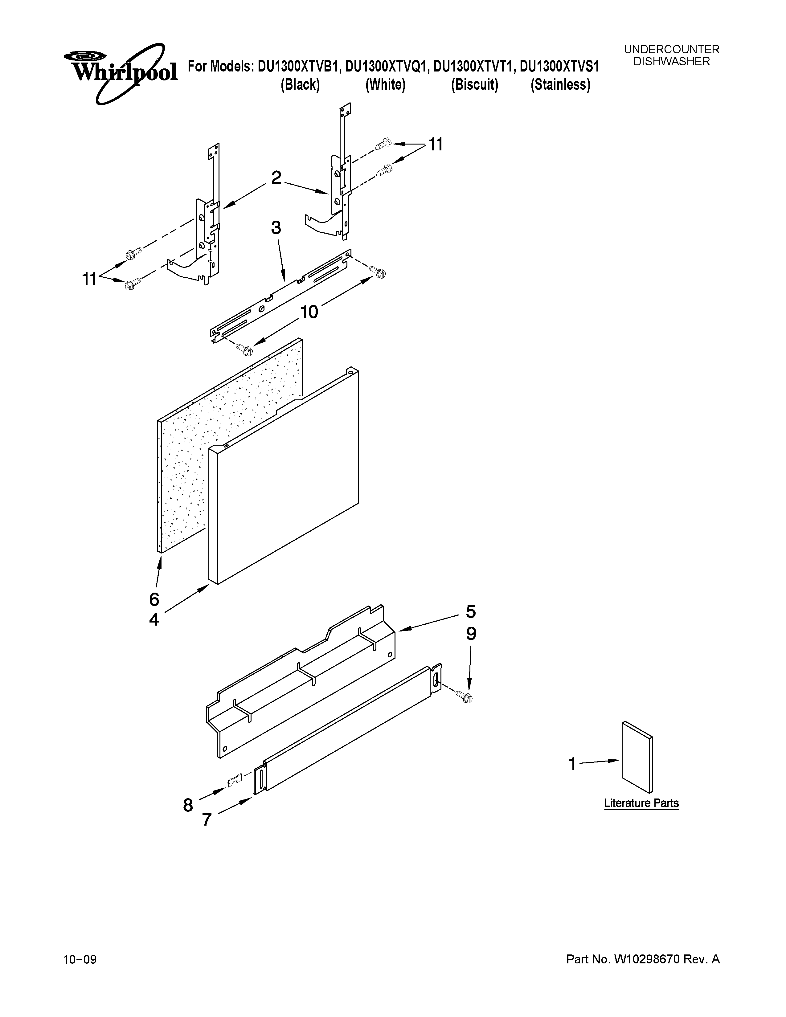 Whirlpool DU1300XTVT1 door and panel parts diagram