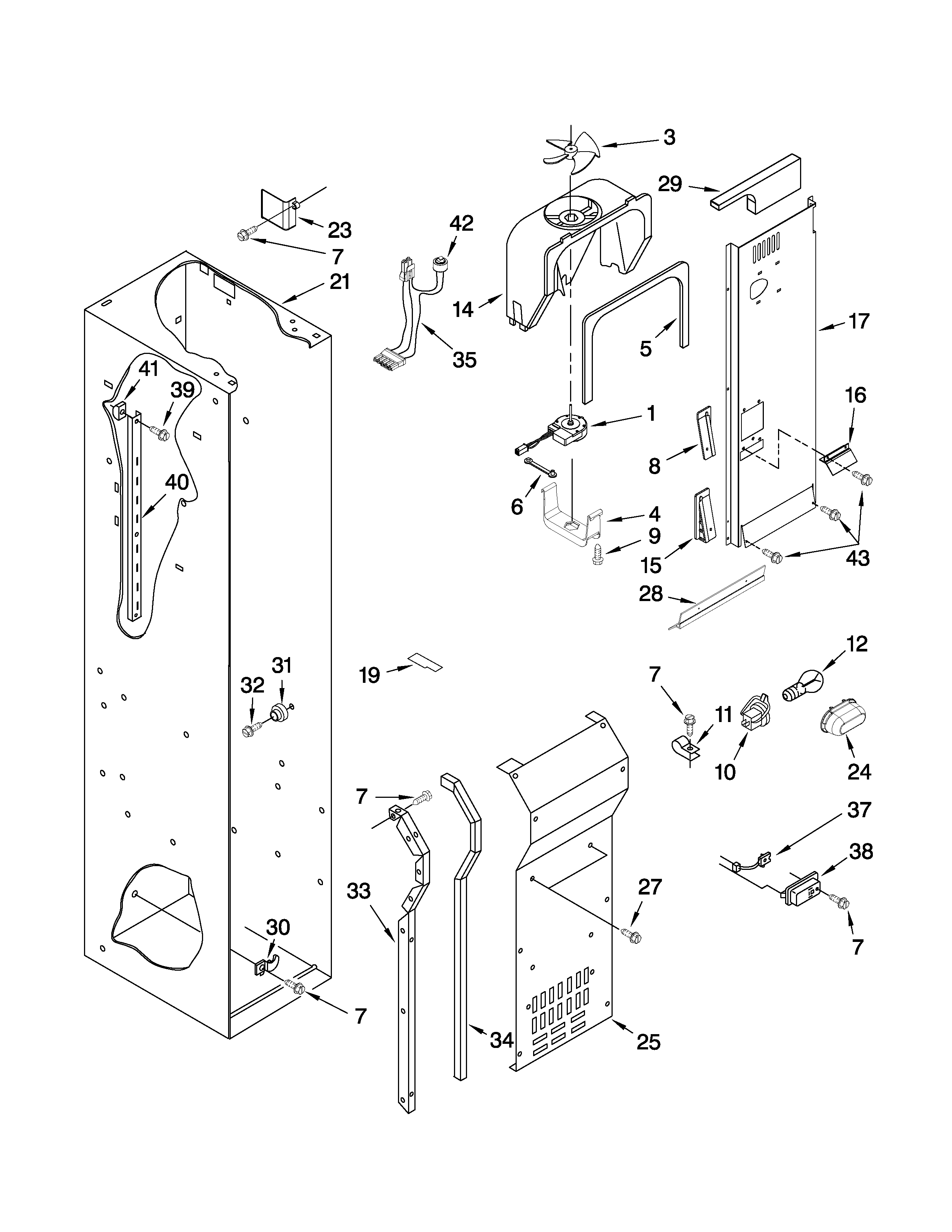 KitchenAid KSSO42FTX04 freezer liner and air flow parts diagram