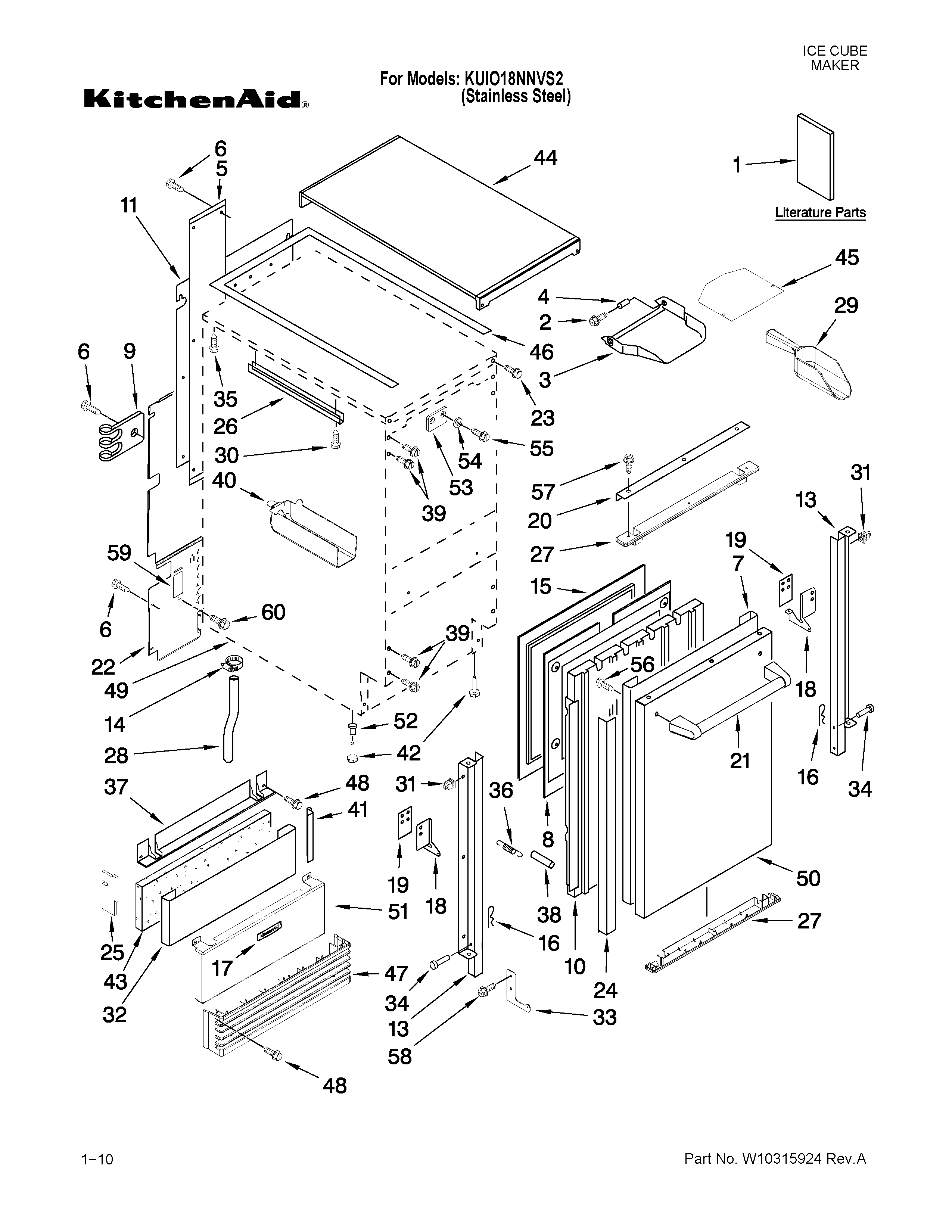 KitchenAid KUIO18NNVS2 cabinet liner and door parts diagram