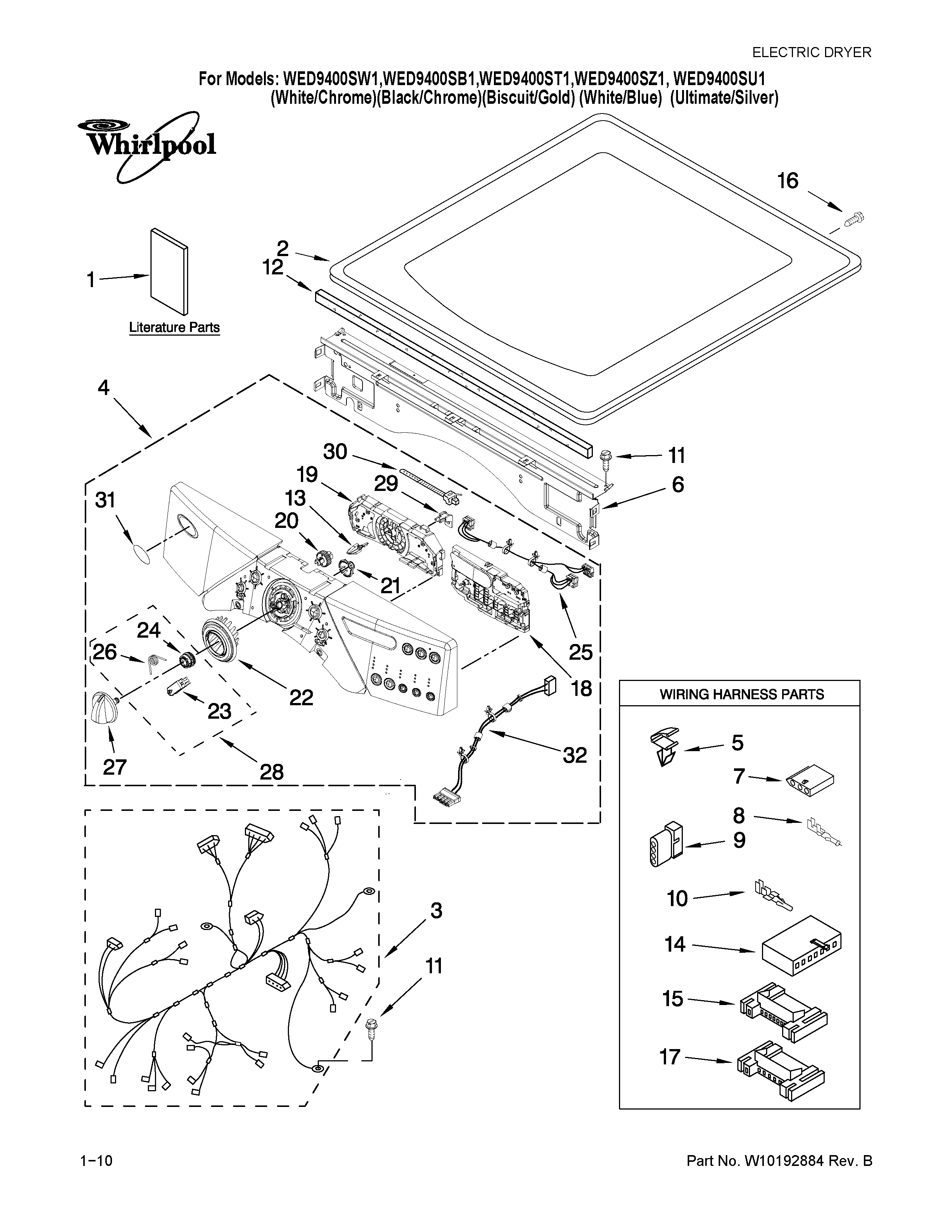 Whirlpool WED9400SB1 top and console parts diagram