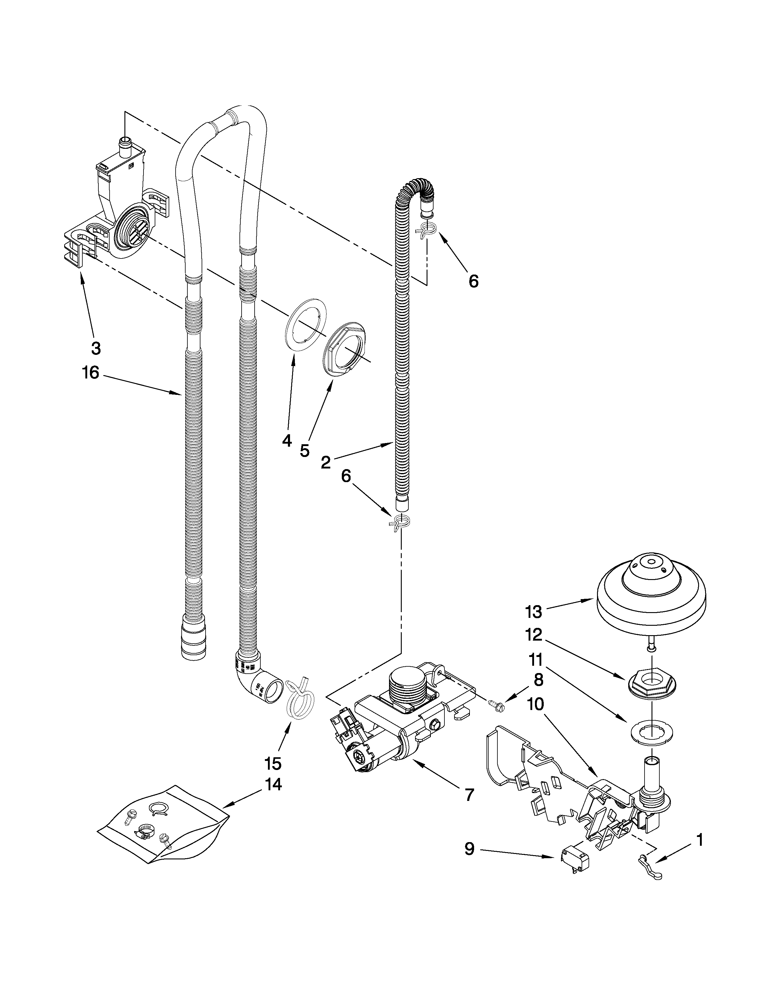 KitchenAid KUDC03FVWH3 fill, drain and overfill parts diagram