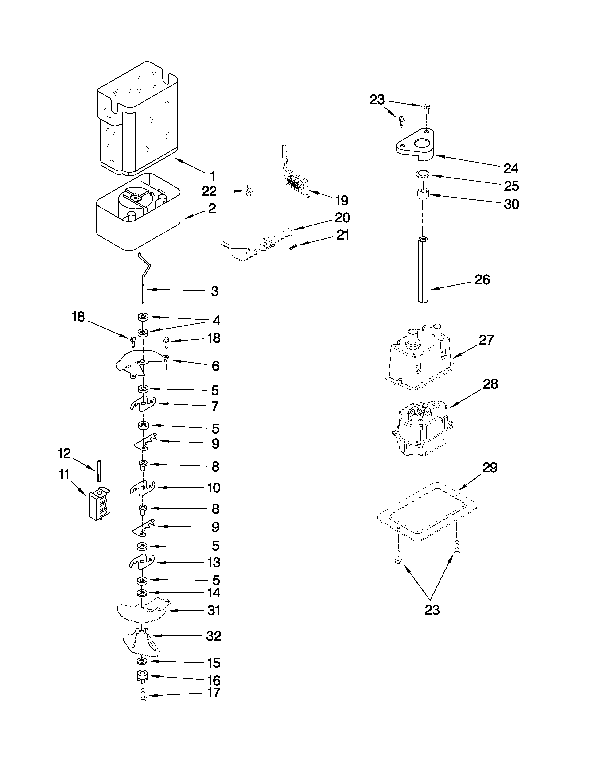 KitchenAid KSSO42QTB04 motor and ice container parts diagram