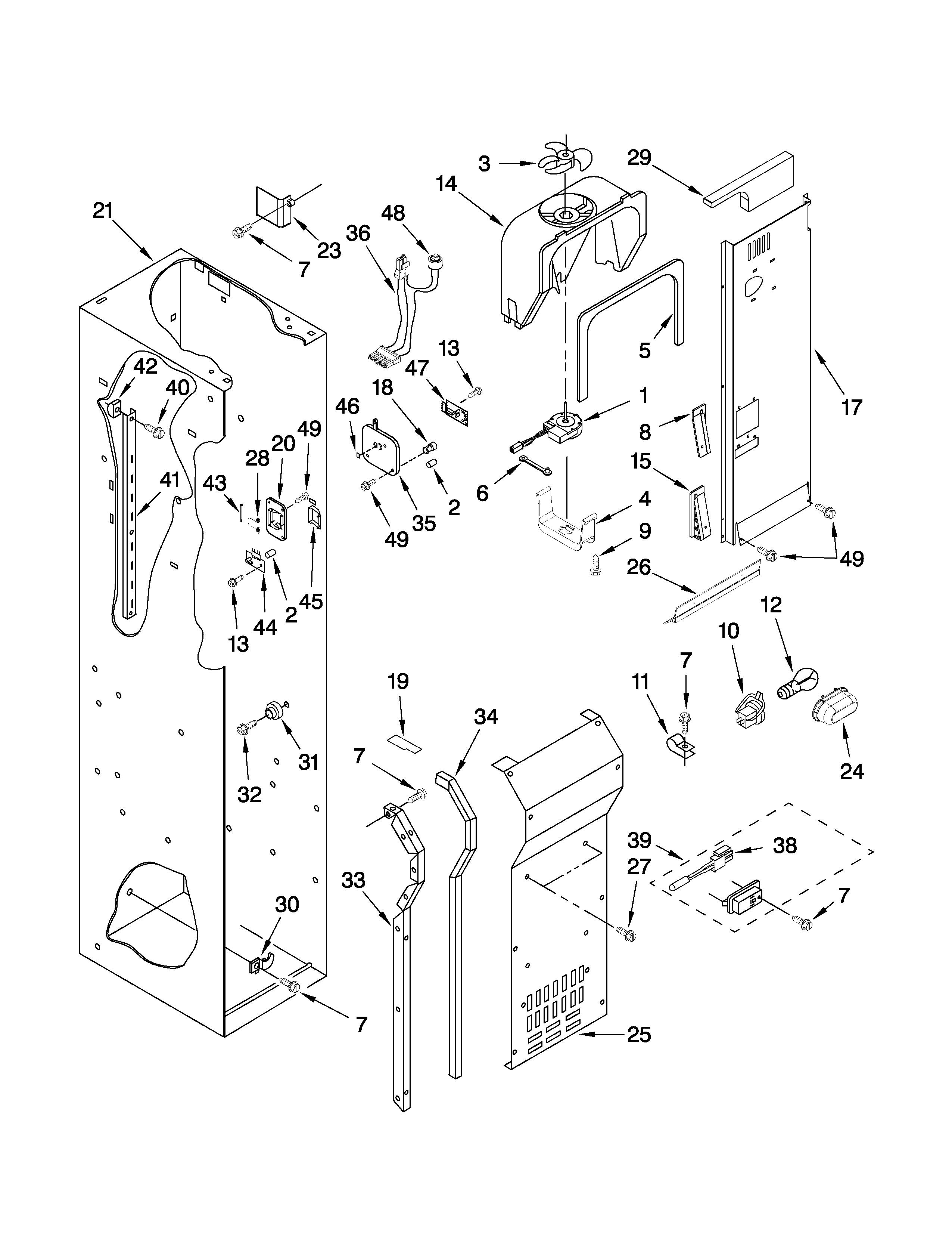 KitchenAid KSSS42QTW04 freezer liner and air flow parts diagram