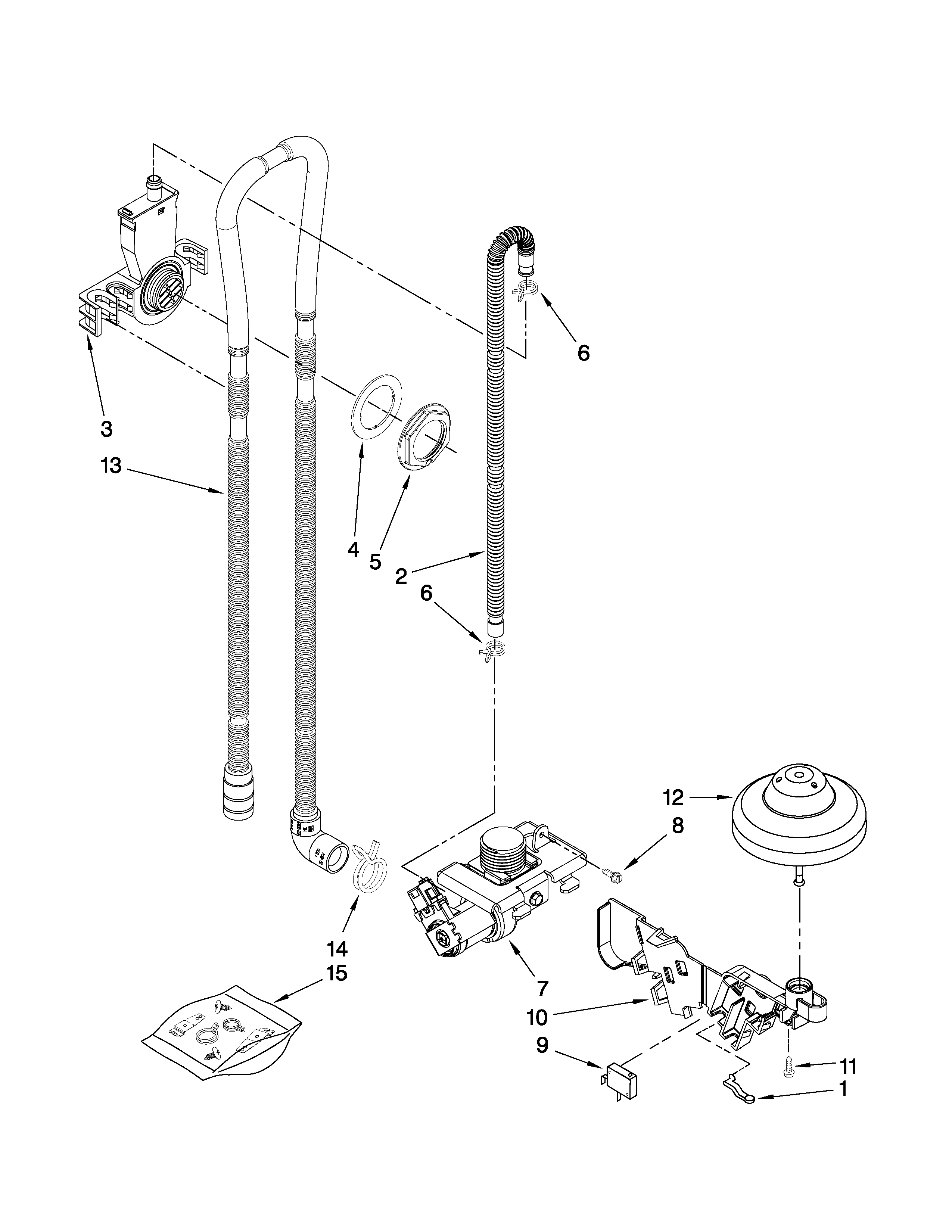 Whirlpool DU1010XTXD1 fill, drain and overfill parts diagram