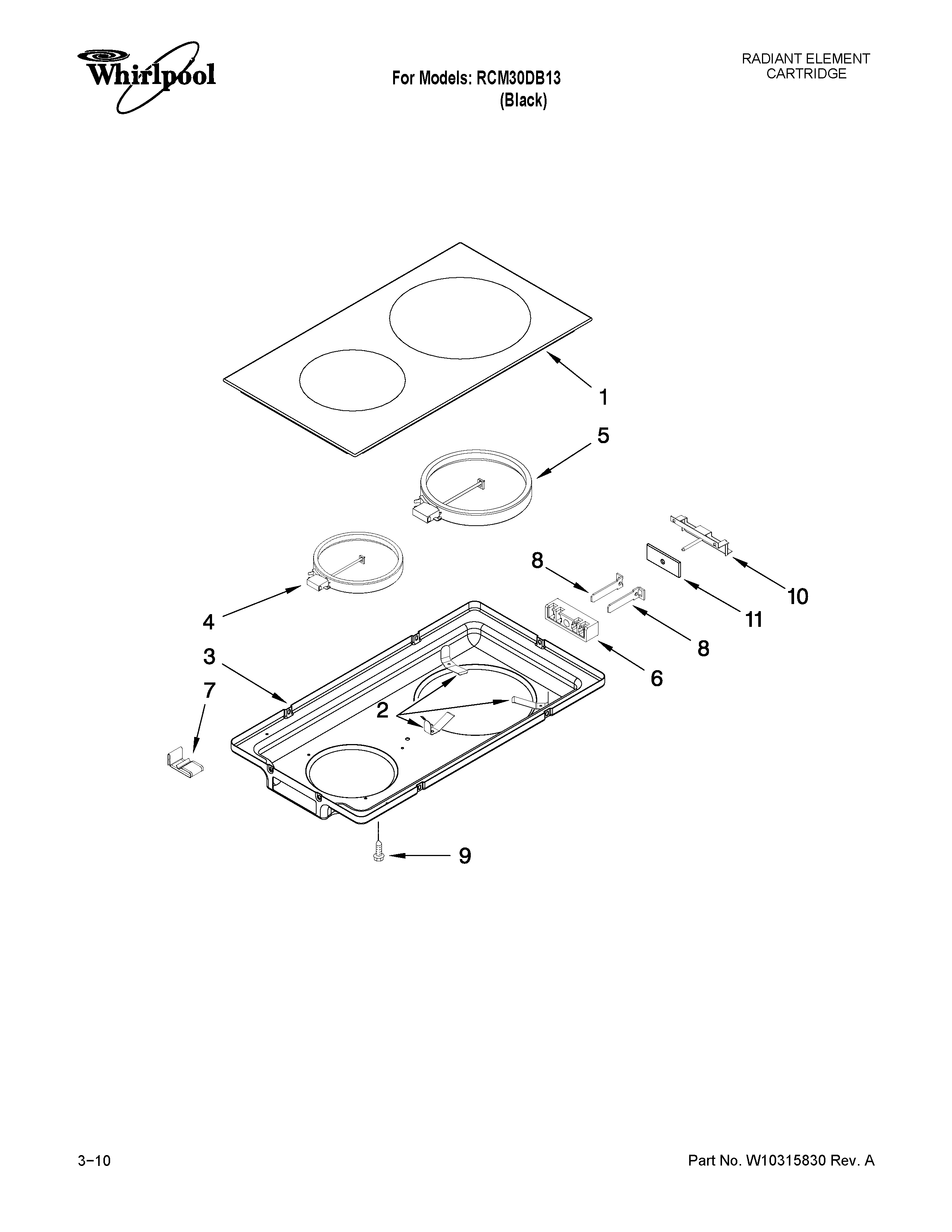 Whirlpool RCM30DB13 glass cartridge diagram