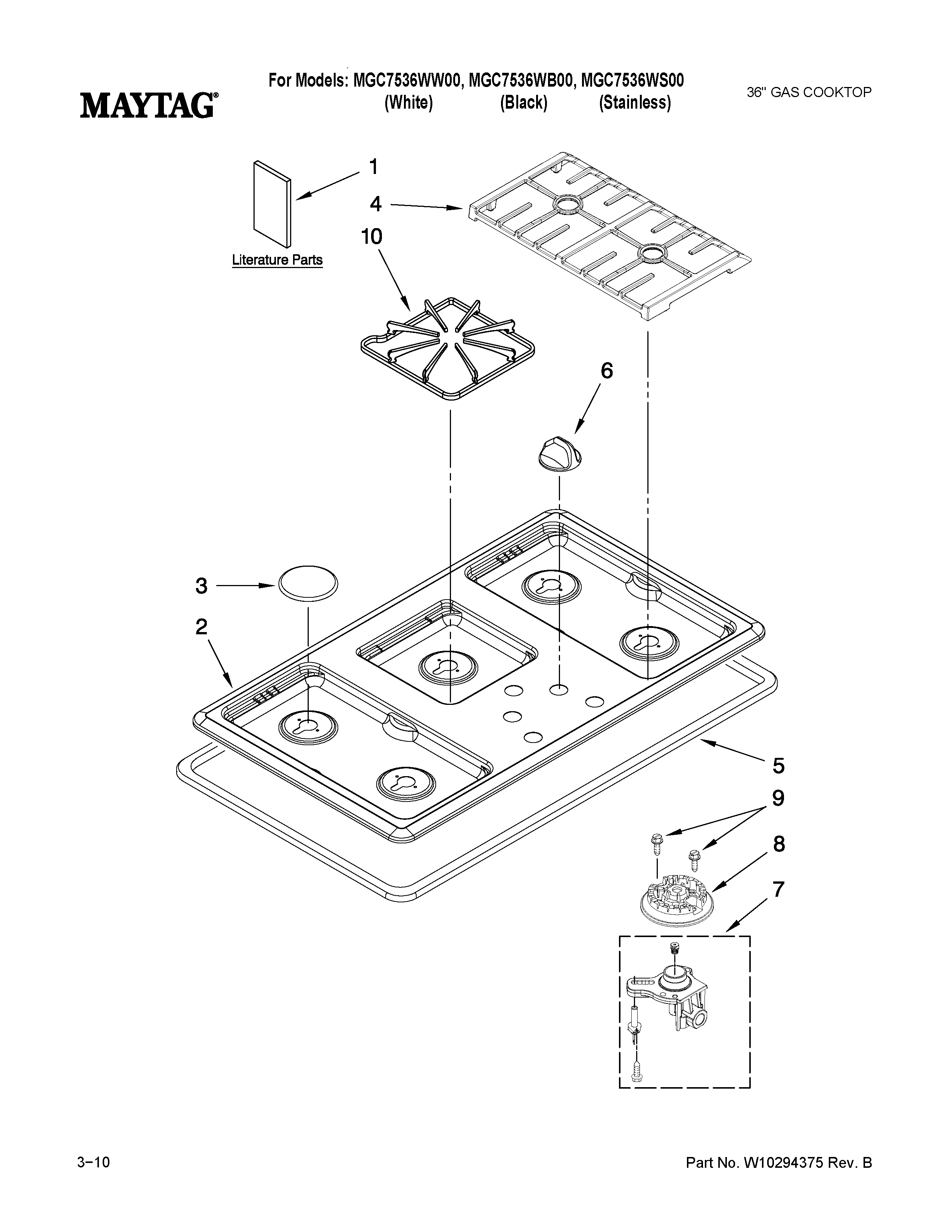 Maytag MGC7536WB00 cooktop, burner and grate parts diagram