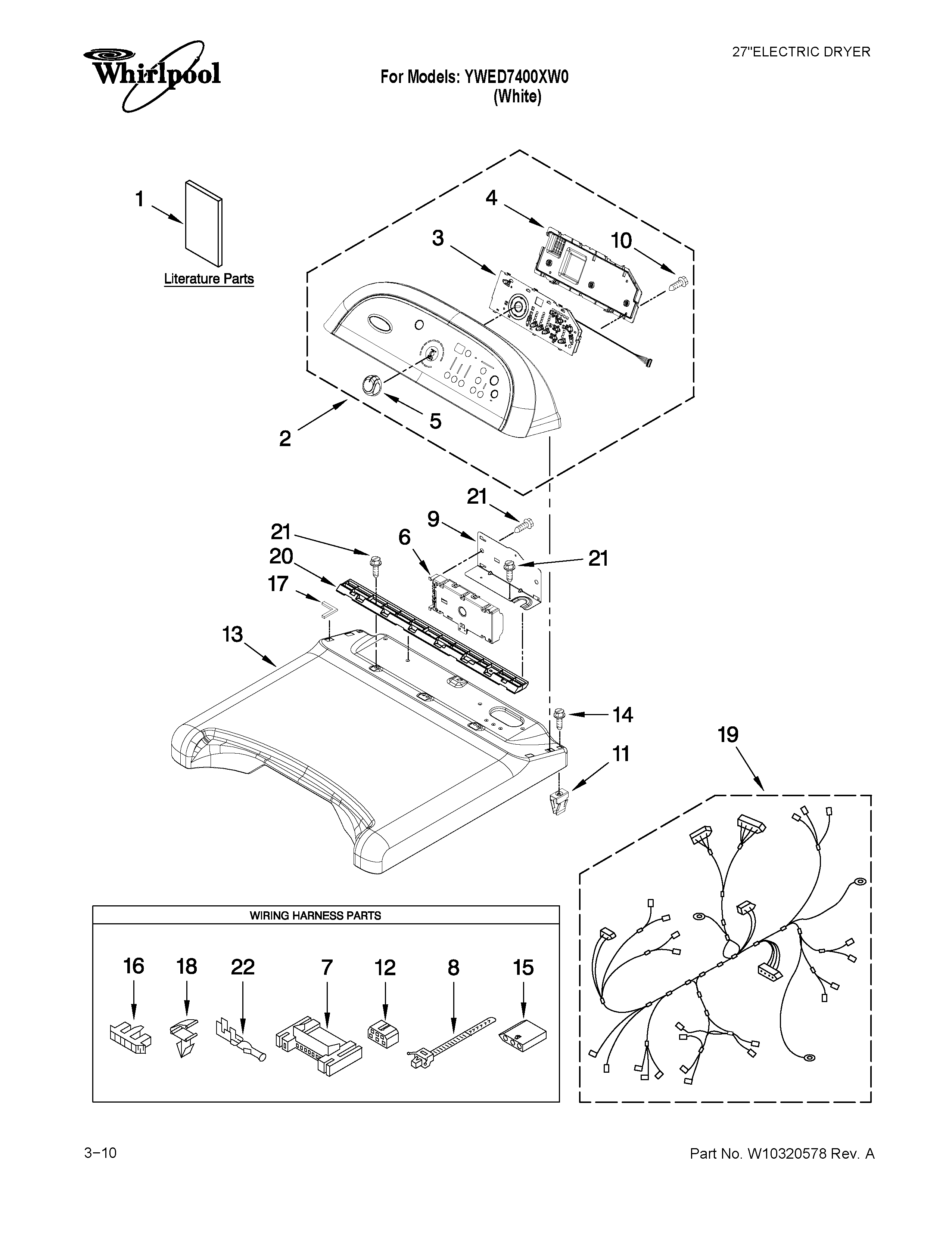 Whirlpool YWED7400XW0 top and console parts diagram