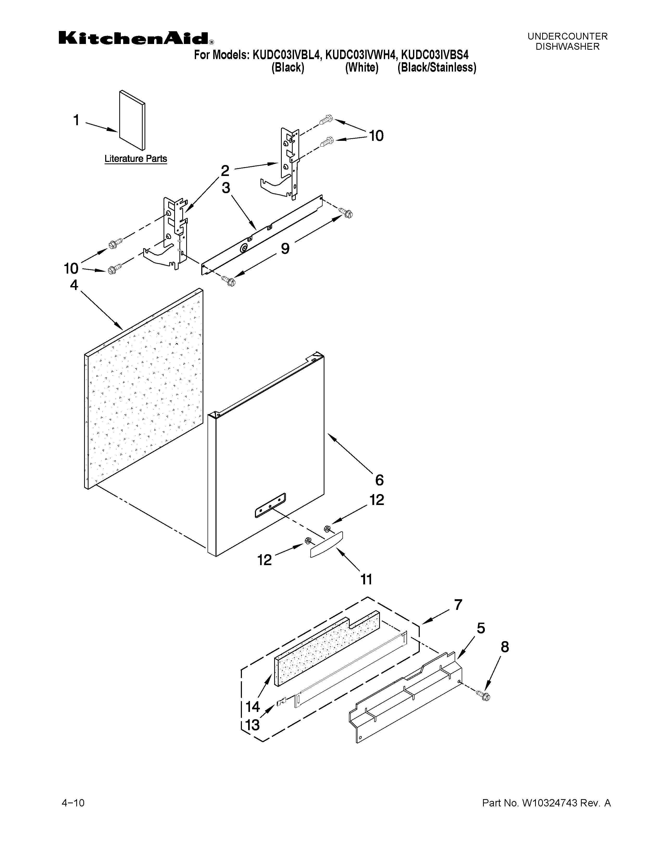 KitchenAid KUDC03IVWH4 door and panel parts diagram