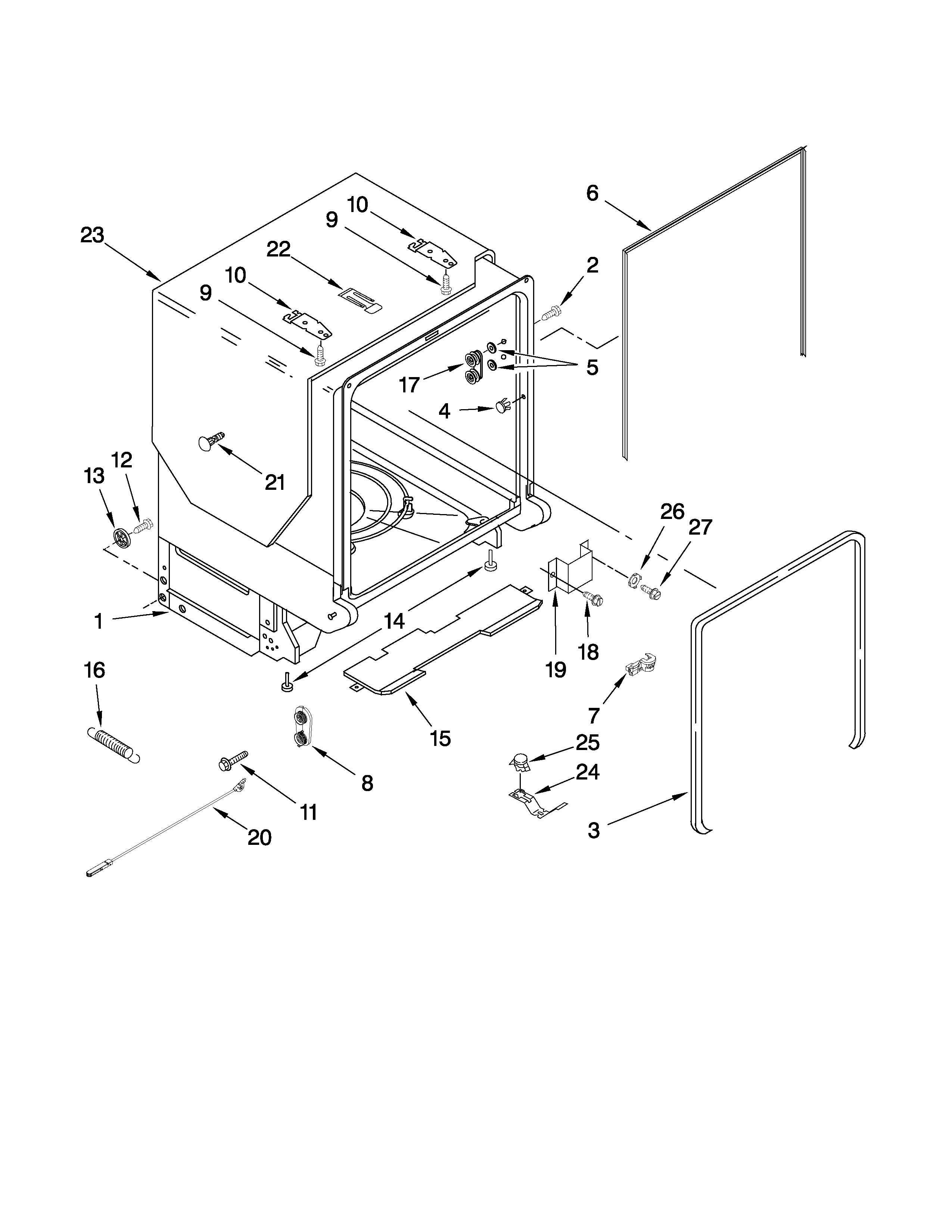 KitchenAid KUDC03IVWH4 tub and frame parts diagram