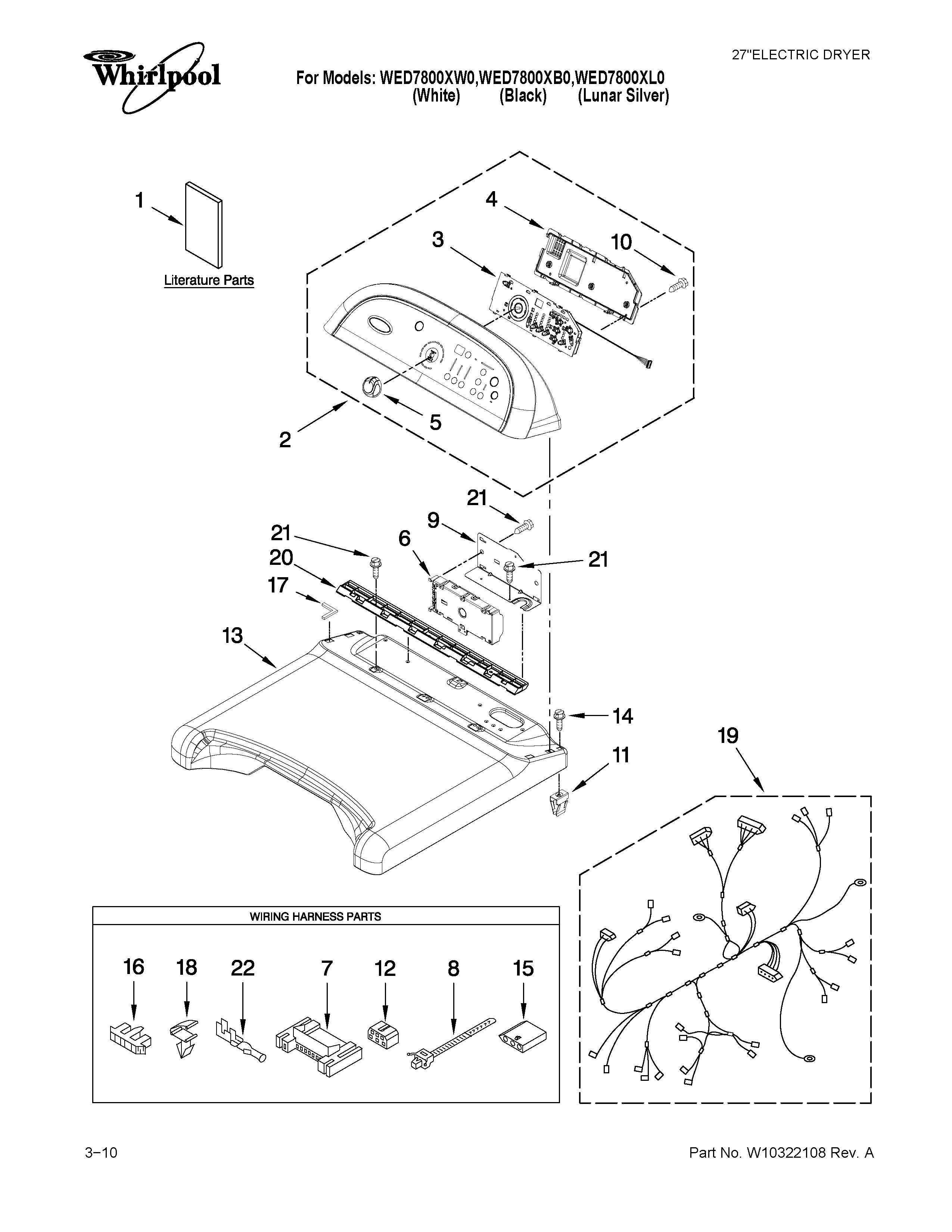 Whirlpool WED7800XW0 top and console parts diagram