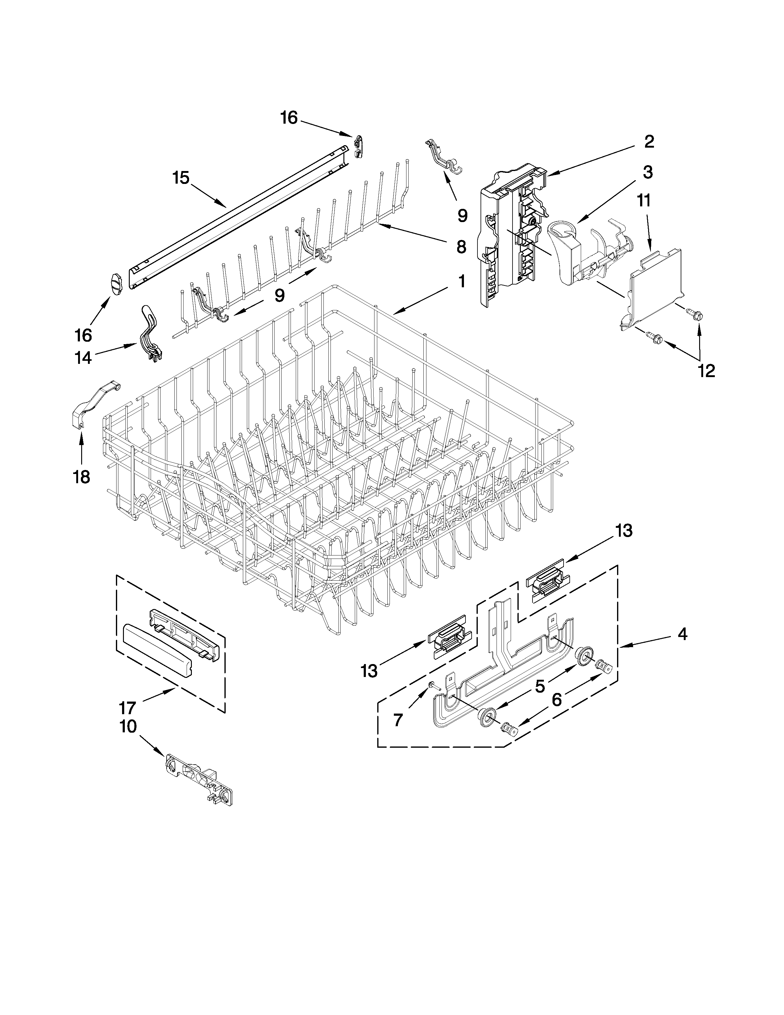 KitchenAid KUDE40CVSS3 upper rack and track parts diagram