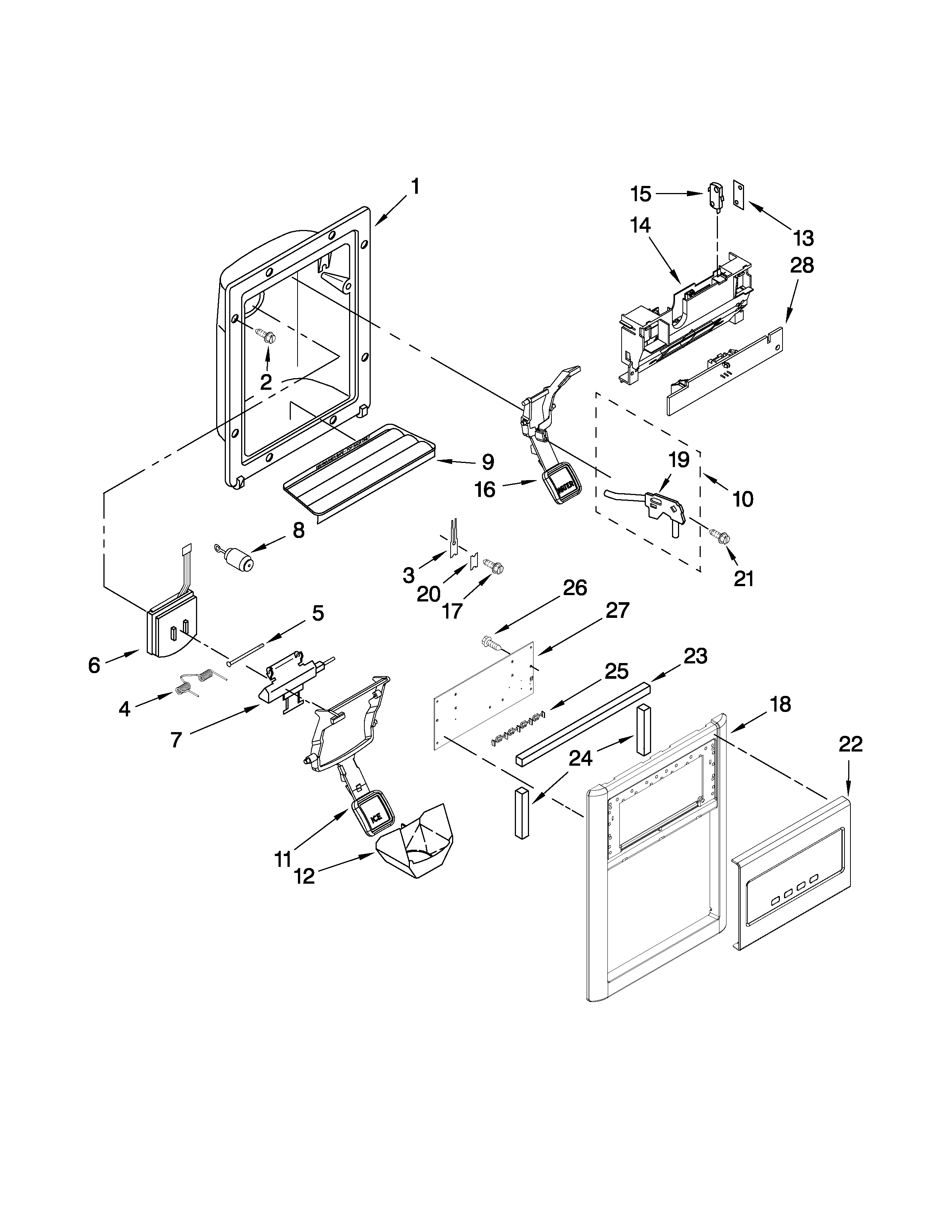 KitchenAid KSCK23FVWH02 dispenser front parts diagram