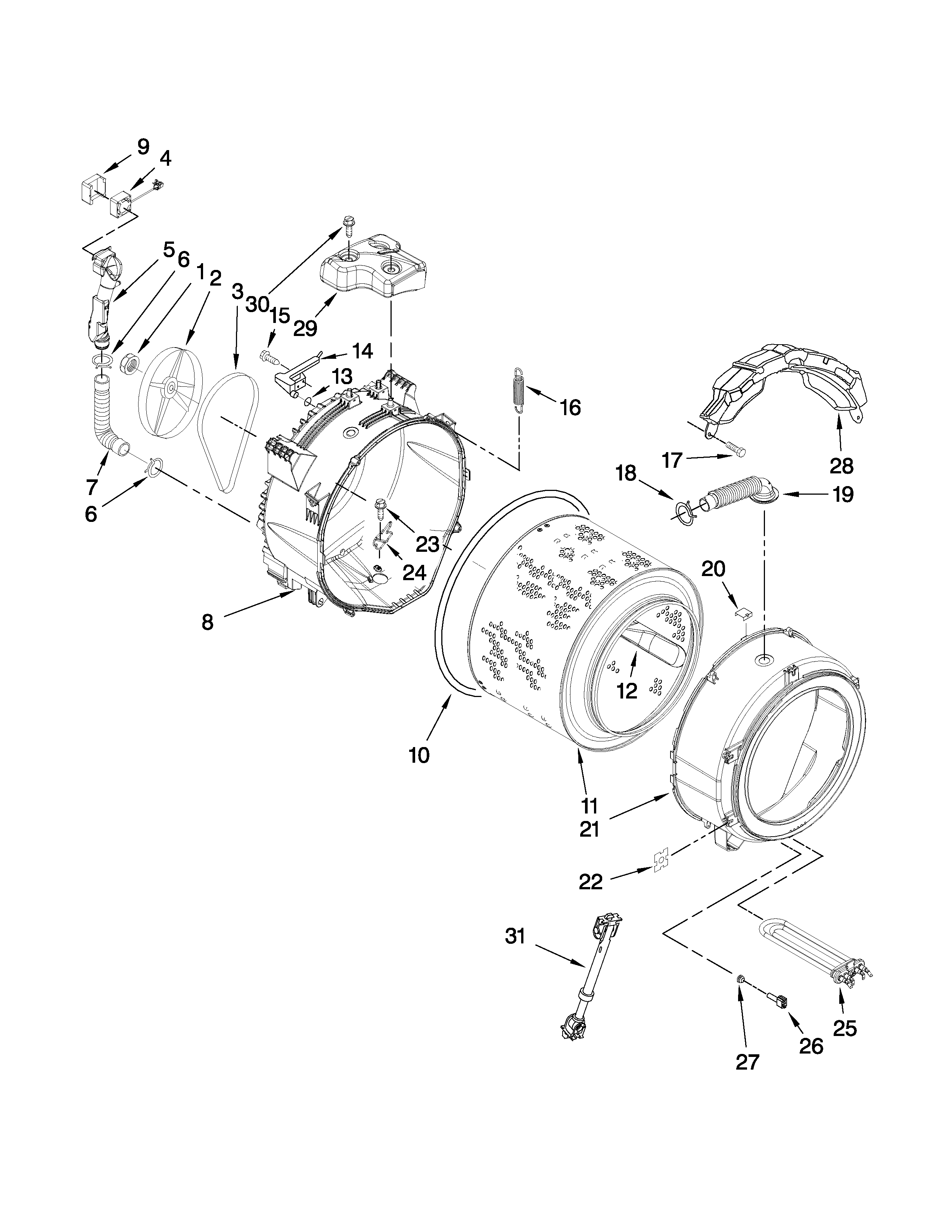 Maytag MHWE550WJ01 tub and basket parts diagram
