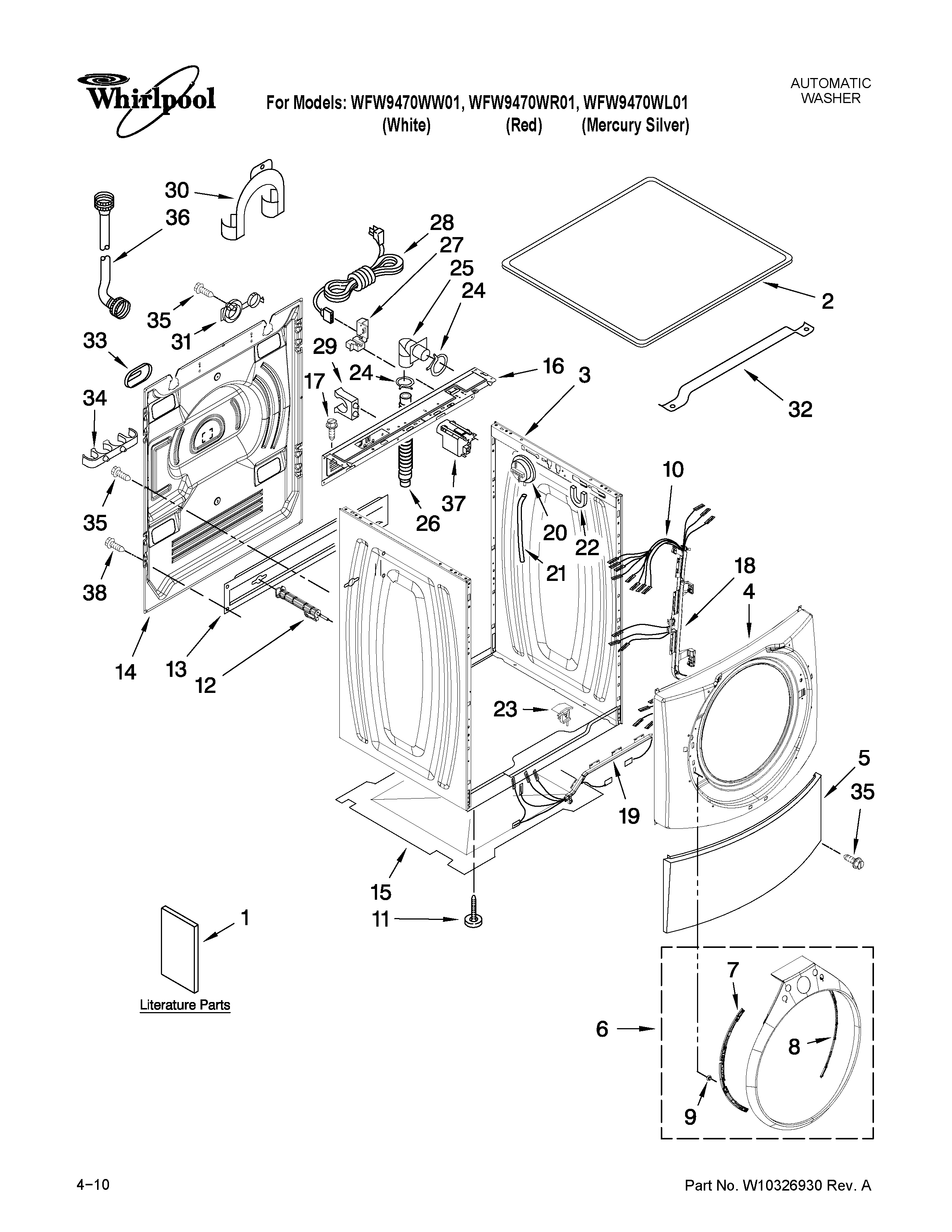 Whirlpool WFW9470WL01 top and cabinet parts diagram