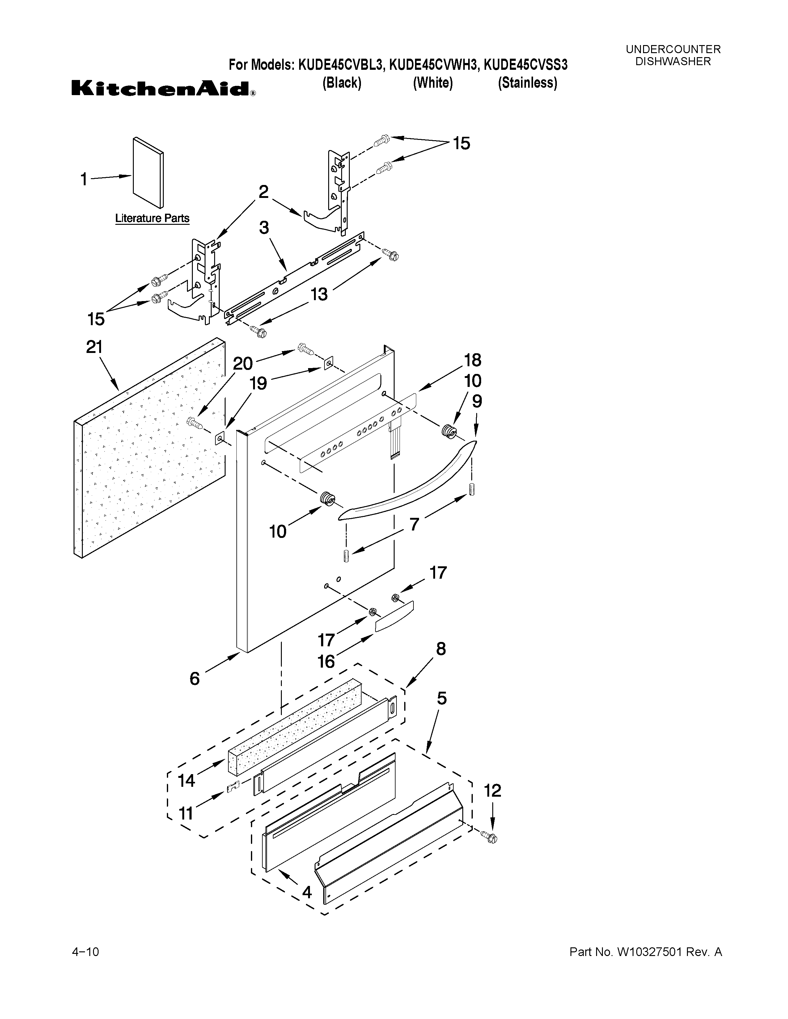 KitchenAid KUDE45CVSS3 door and panel parts diagram