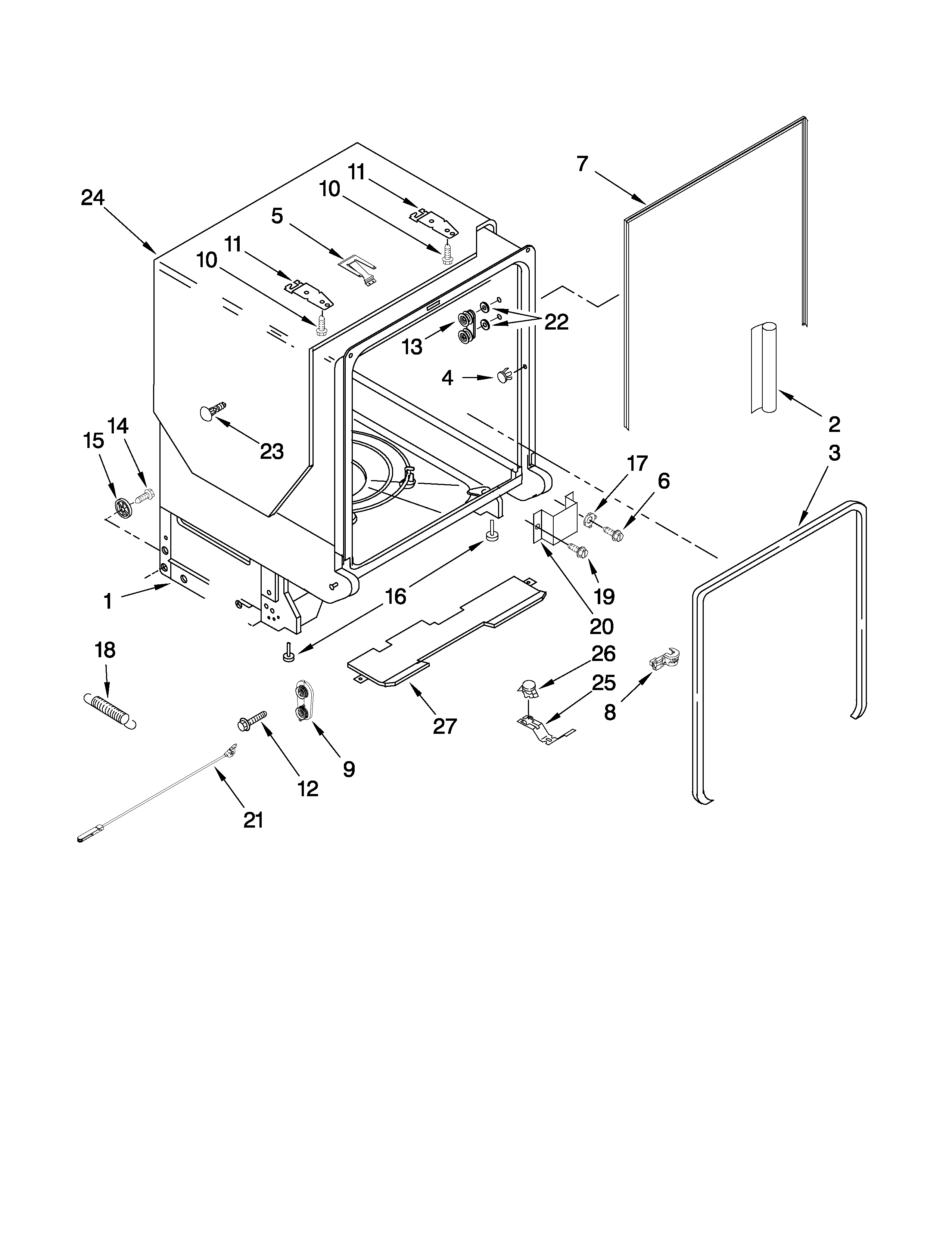 KitchenAid KUDE45CVSS3 tub and frame parts diagram