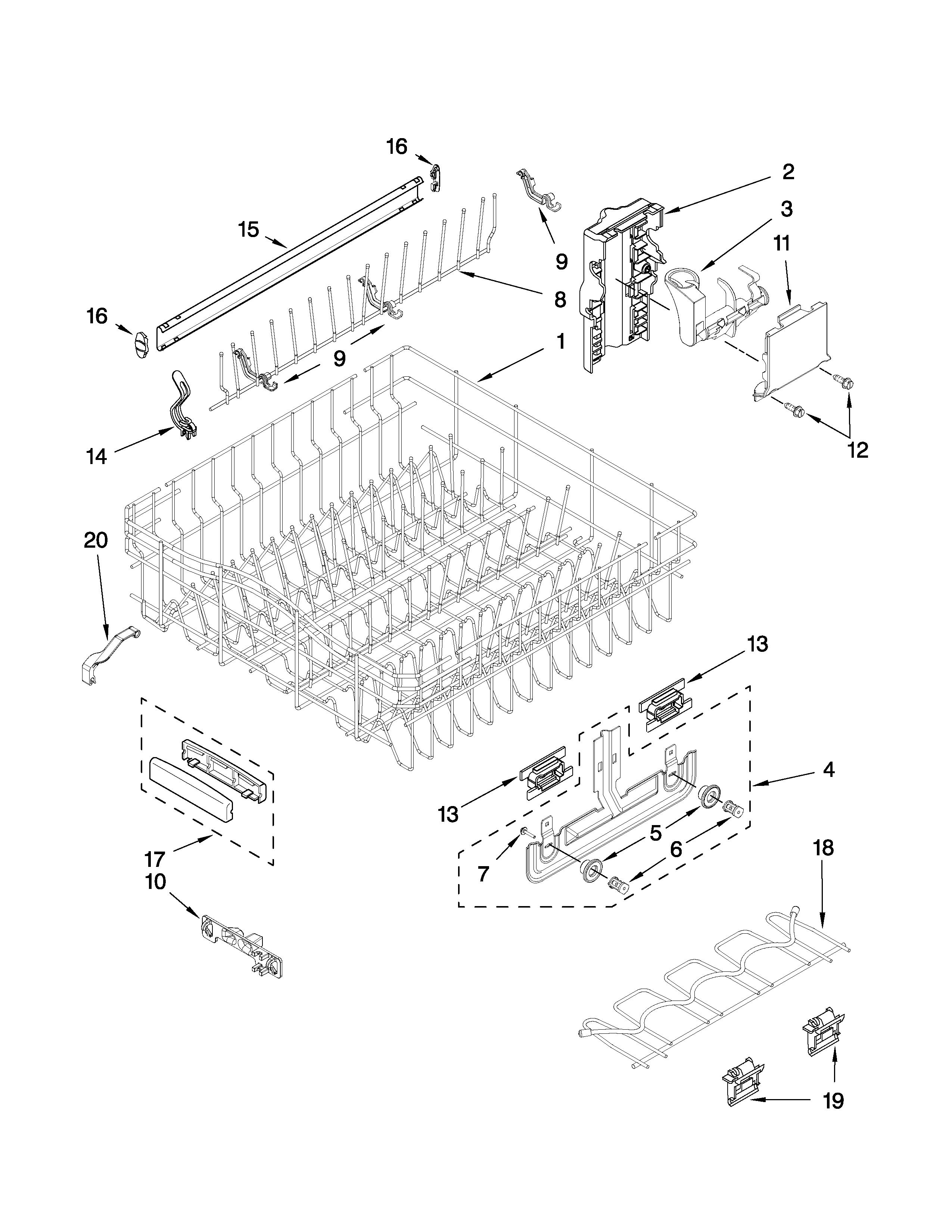 KitchenAid KUDE45CVSS3 upper rack and track parts diagram
