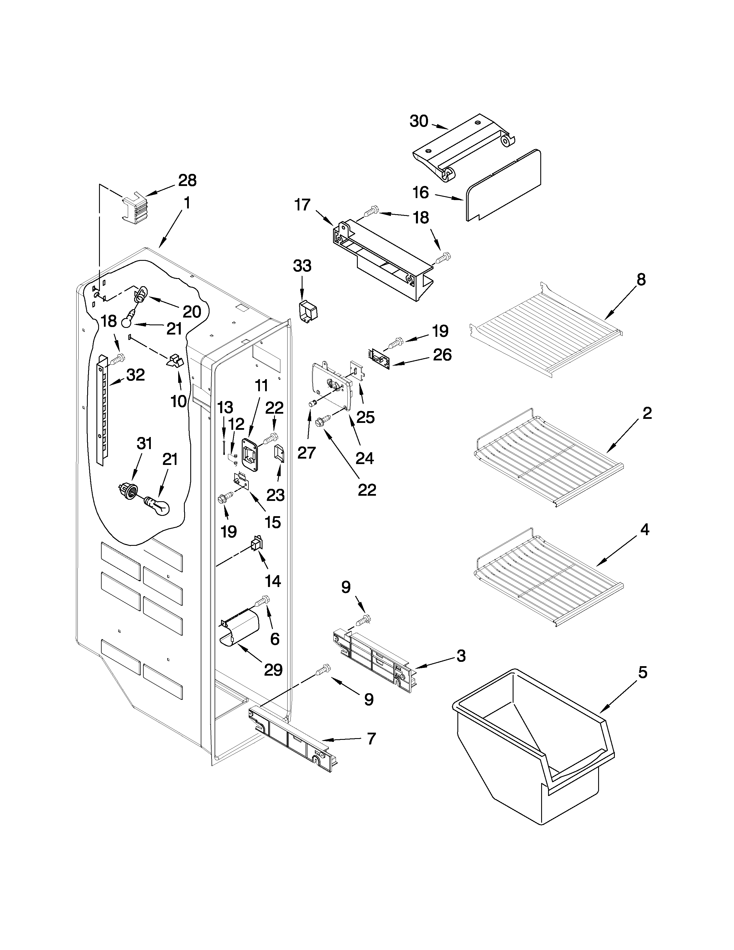 Maytag MSD2553WEB01 freezer liner parts diagram