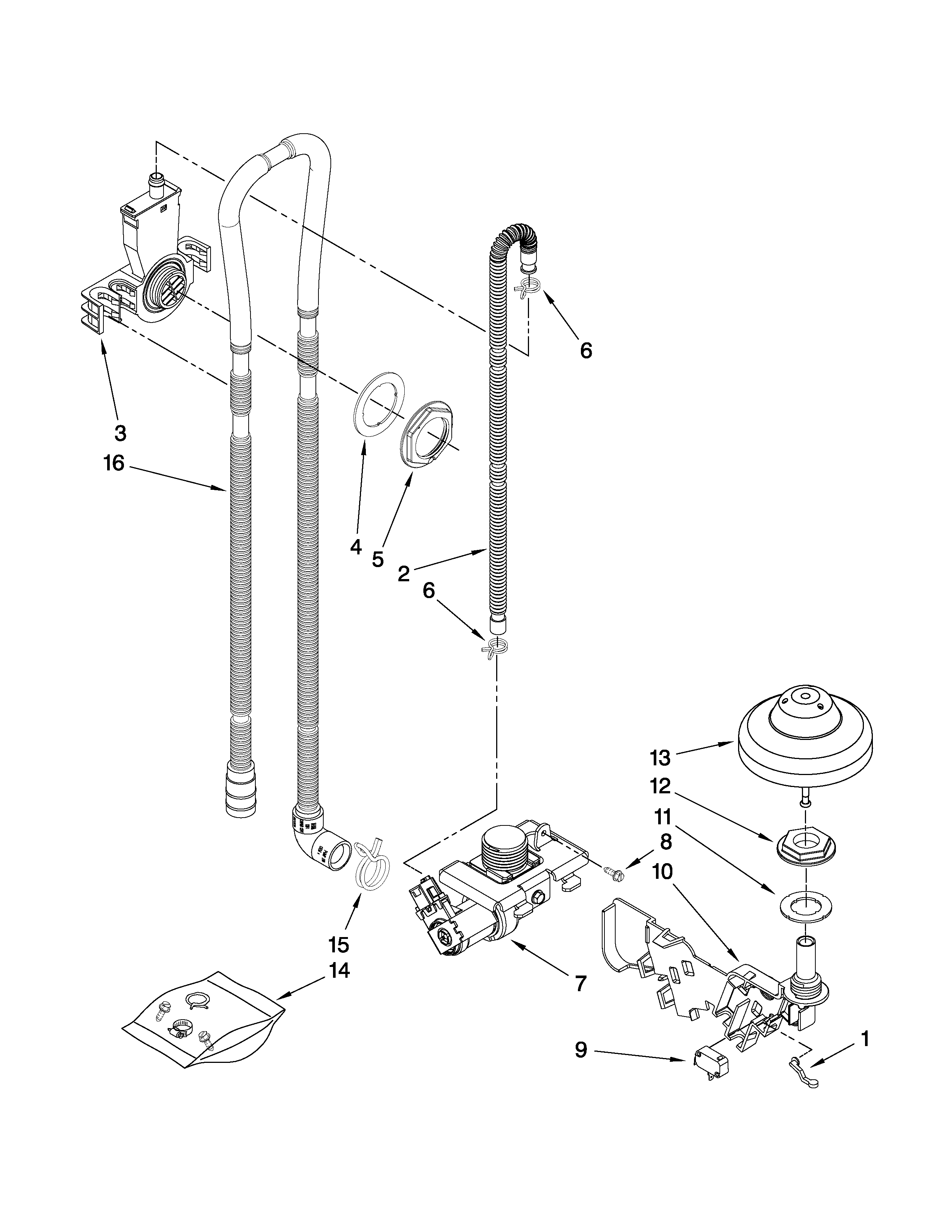 KitchenAid KUDC20FVSS4 fill, drain and overfill parts diagram