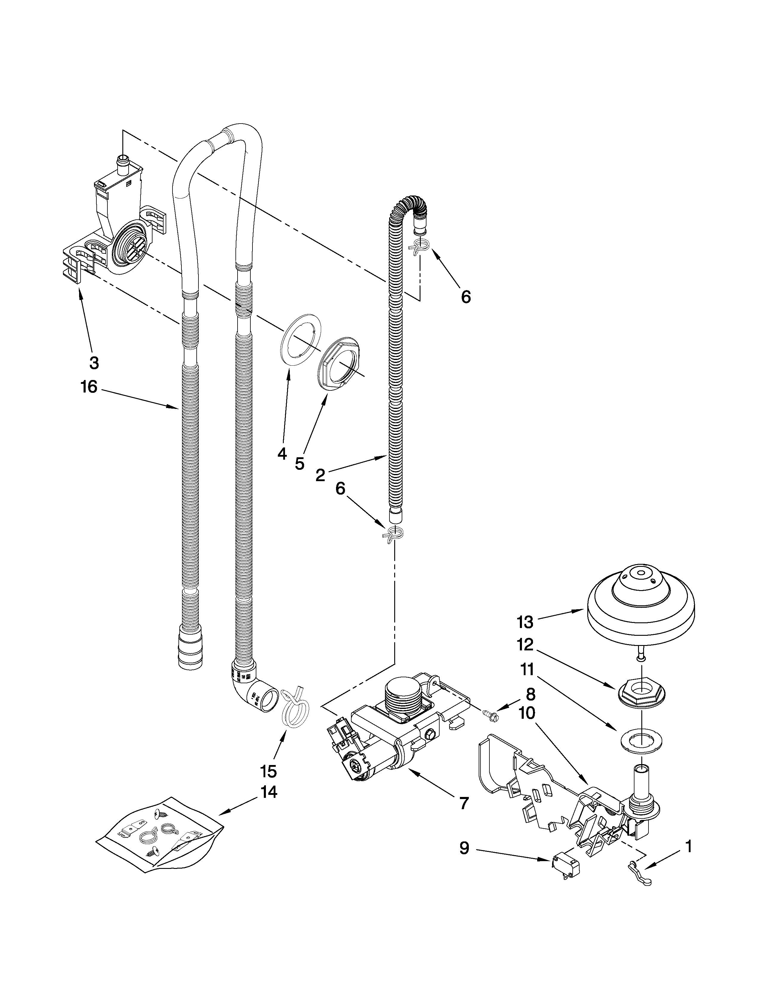 KitchenAid KUDE60FVSS3 fill, drain and overfill parts diagram