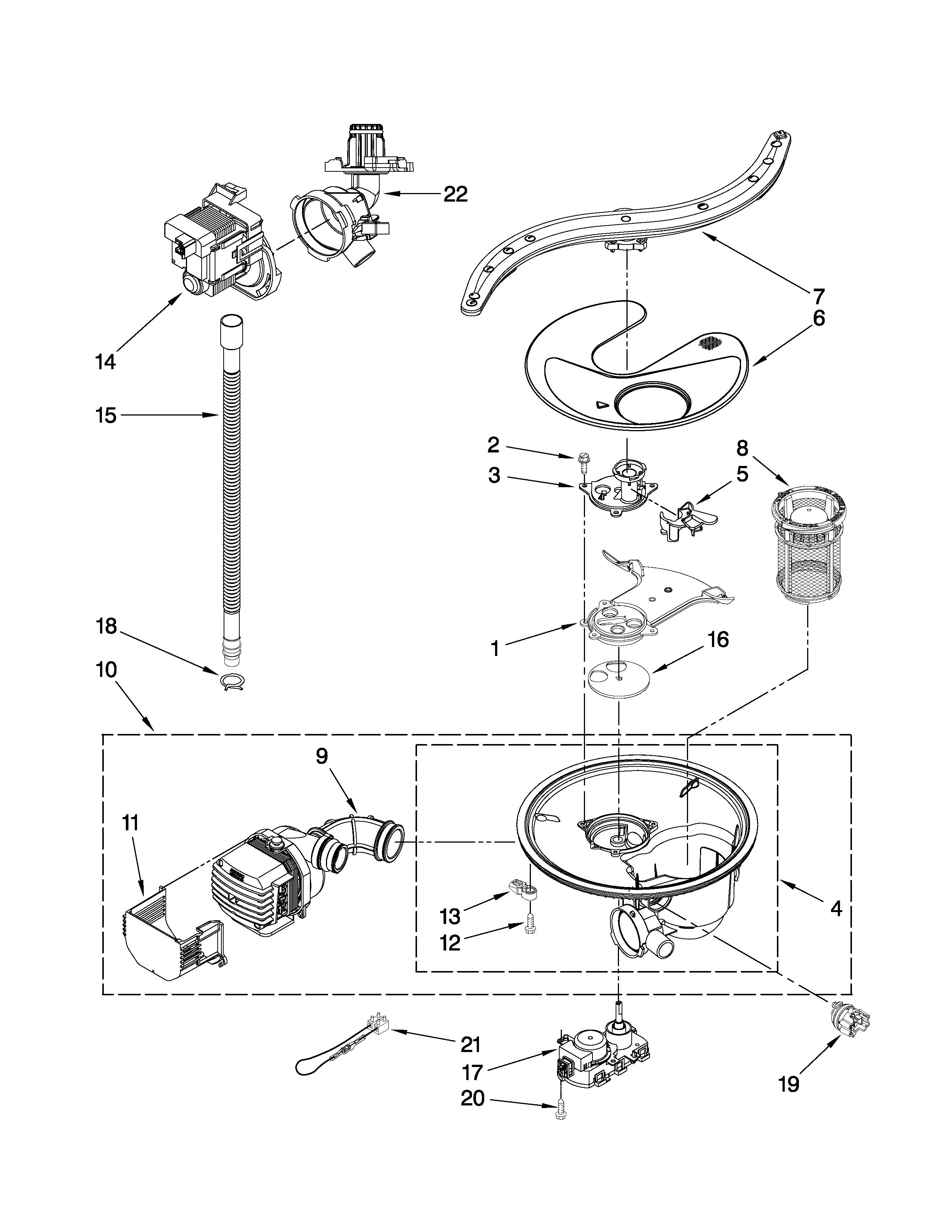 KitchenAid KUDE60FVSS3 pump, washarm and motor parts diagram