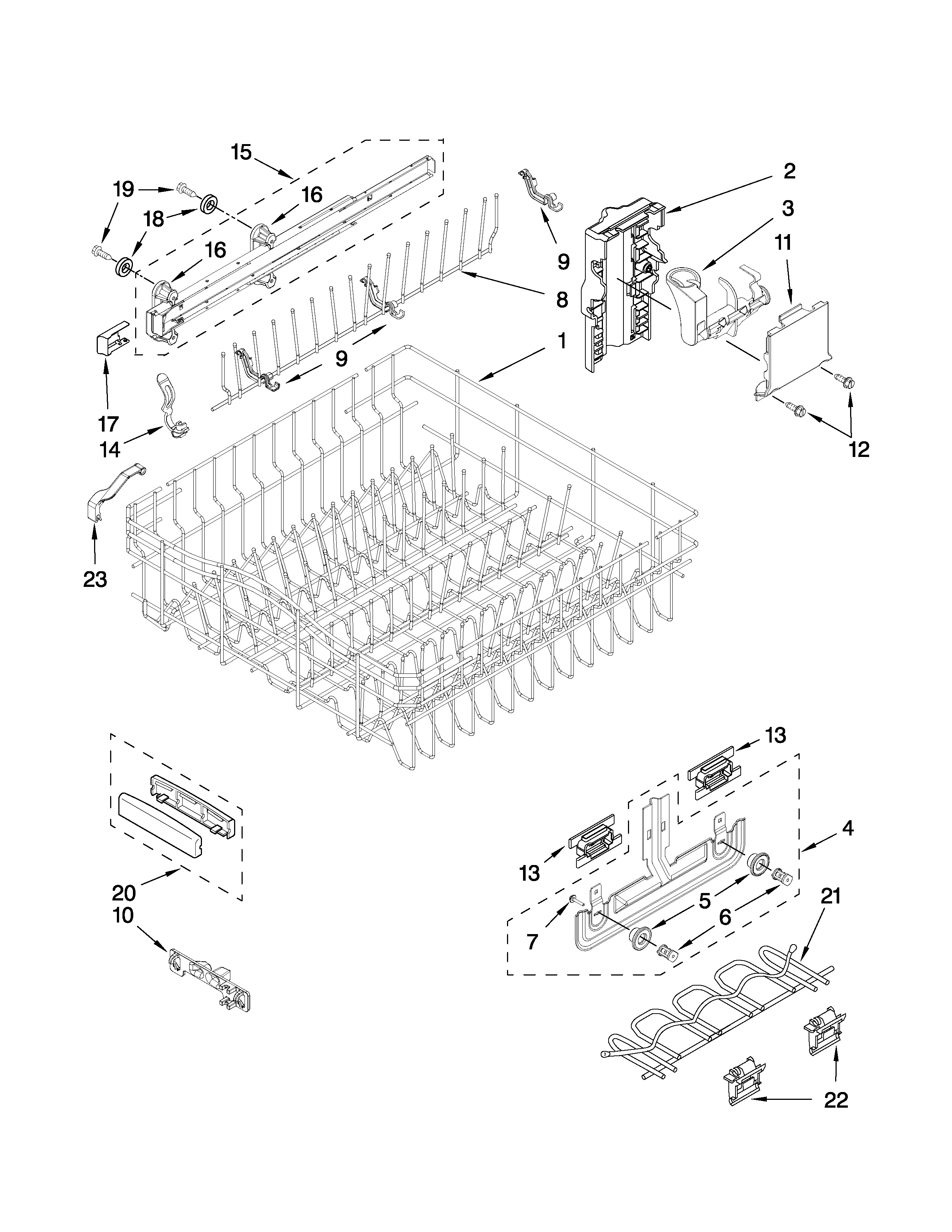 KitchenAid KUDE60FVSS3 upper rack and track parts diagram