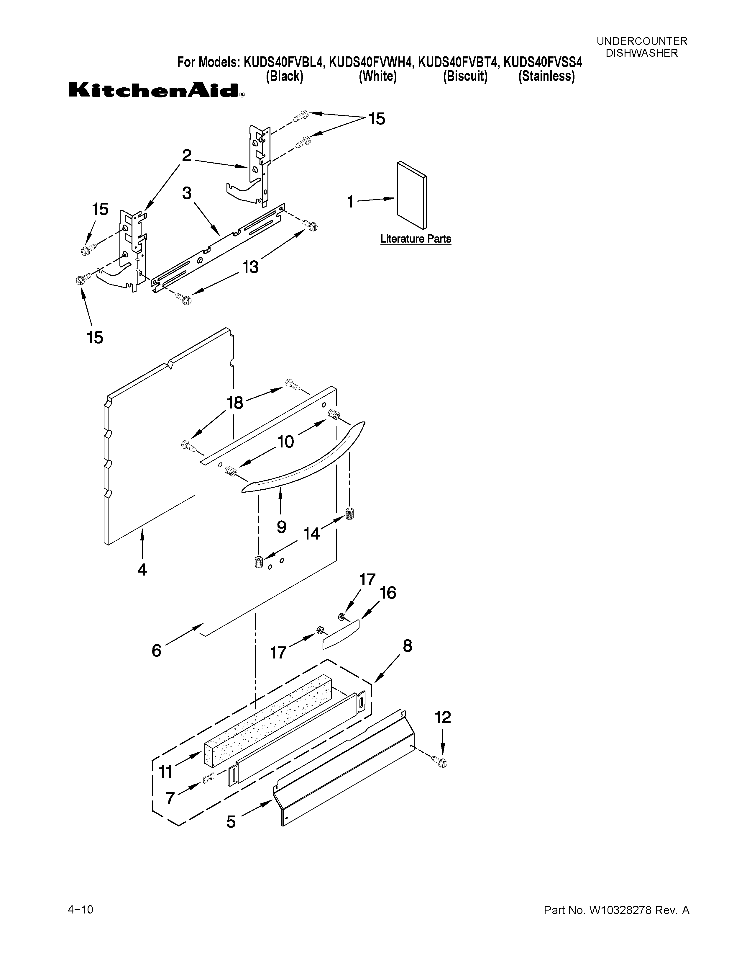 KitchenAid KUDS40FVSS4 door and panel parts diagram