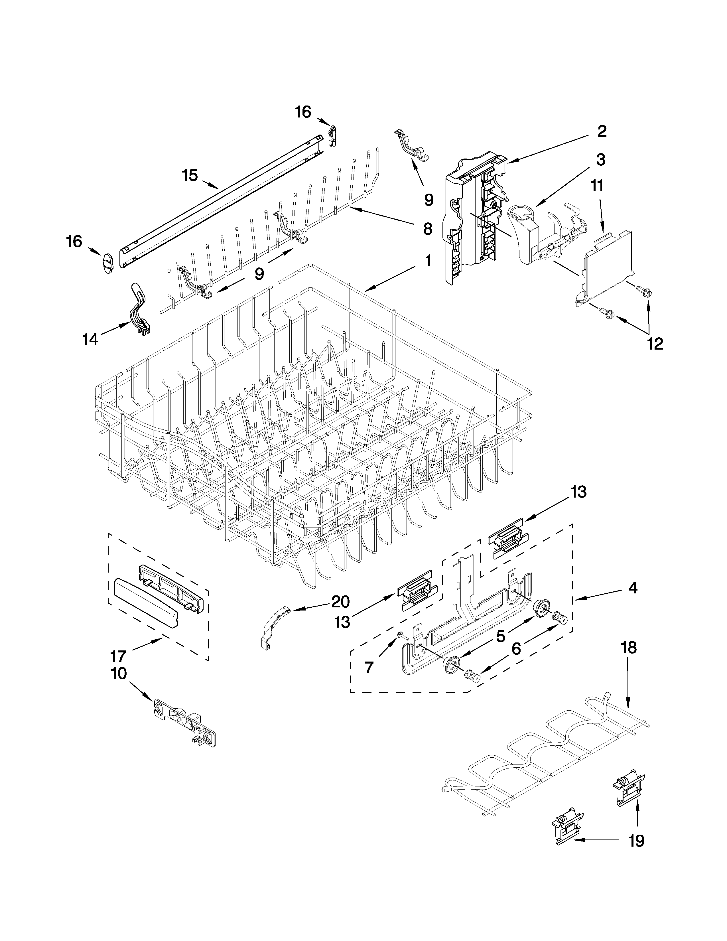 KitchenAid KUDS40FVSS4 upper rack and track parts diagram