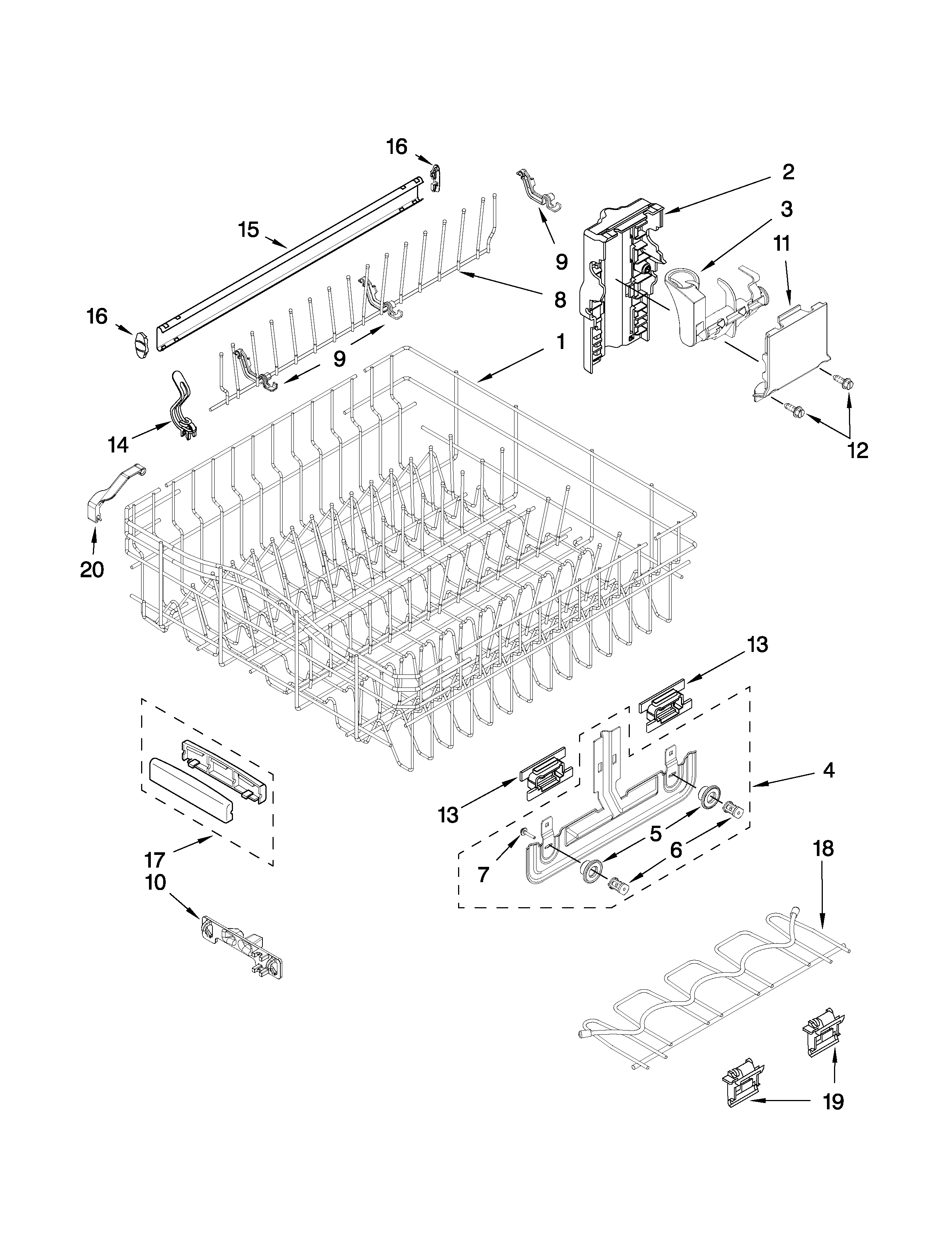KitchenAid KUDS50SVBL4 upper rack and track parts diagram