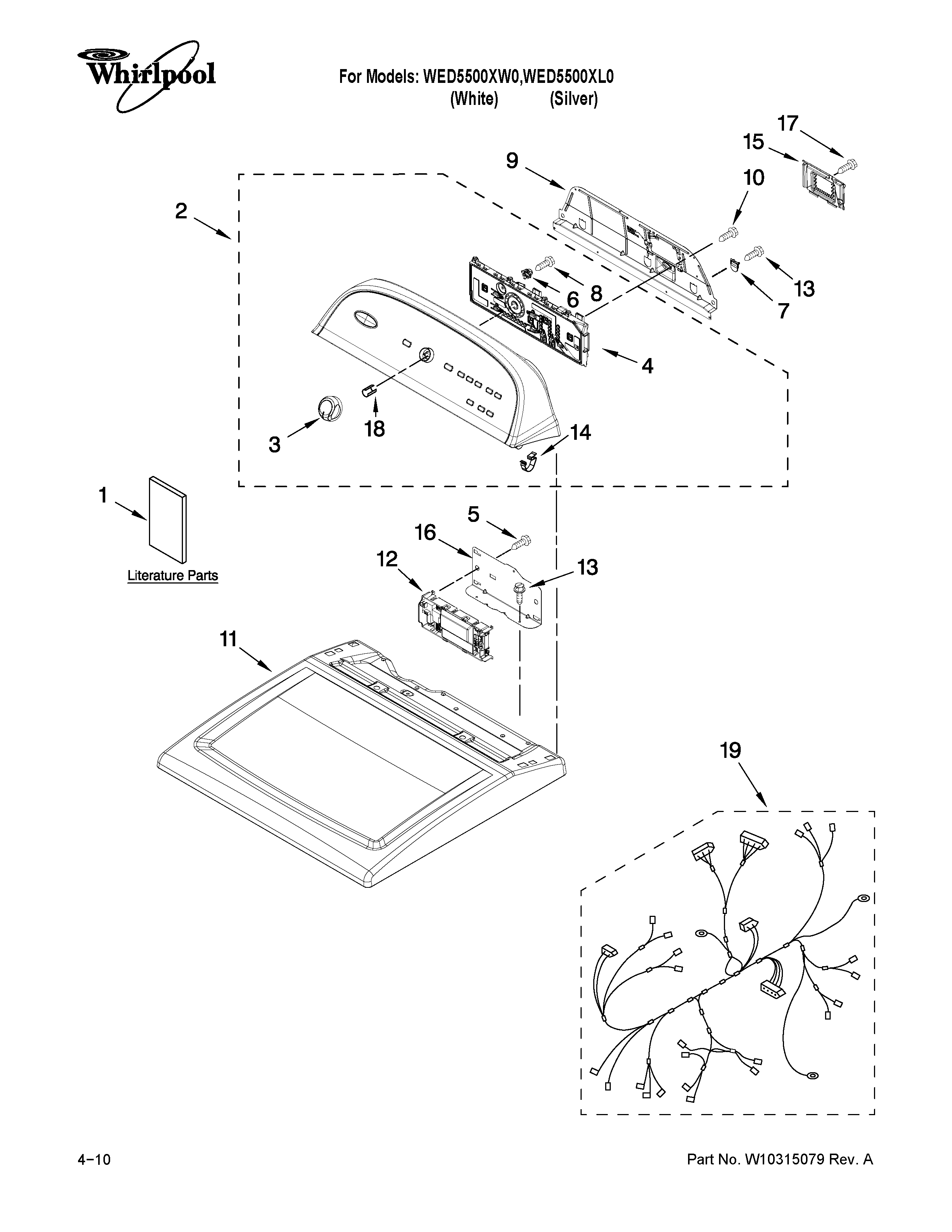 Whirlpool WED5500XL0 top and console parts diagram
