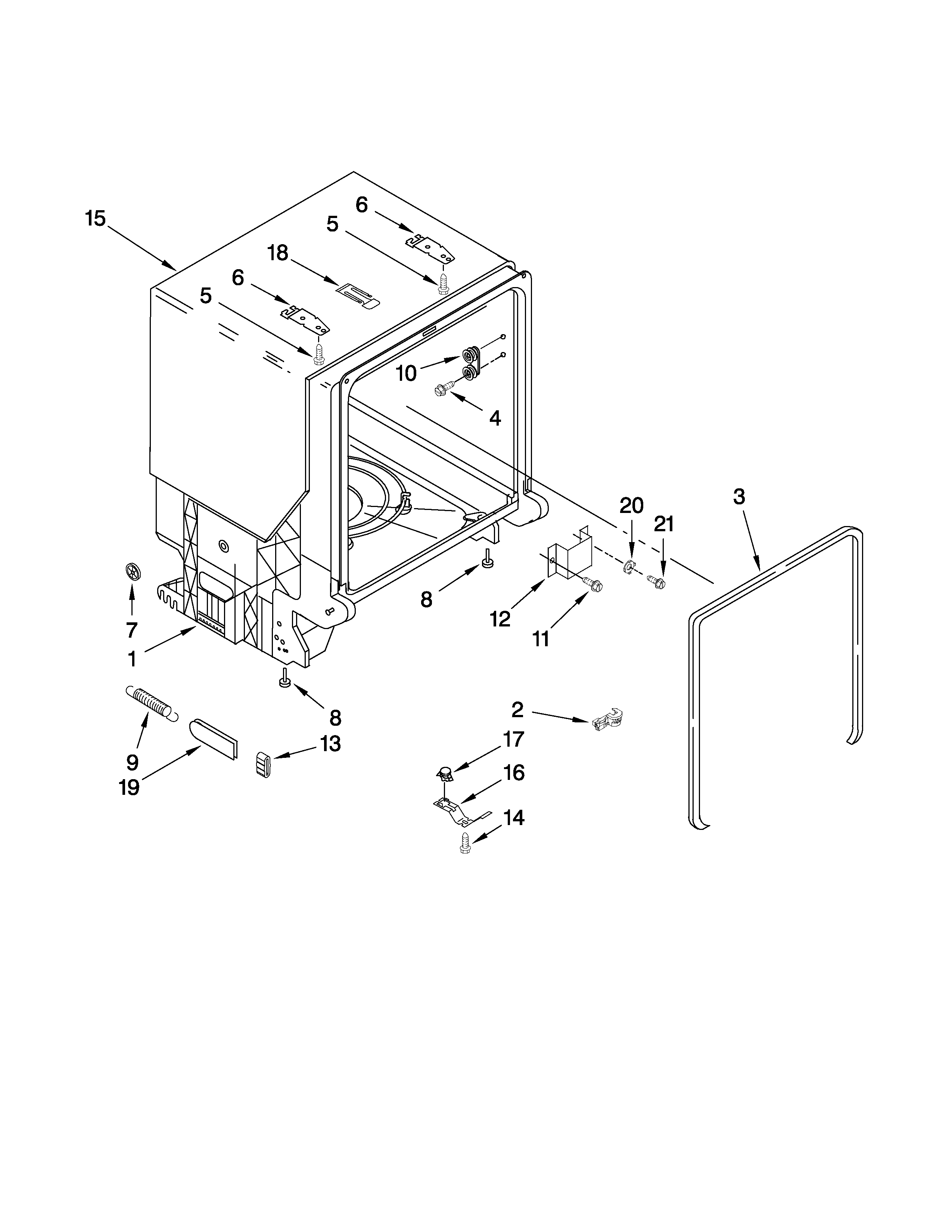 Whirlpool DU1300XTVB2 tub and frame parts diagram
