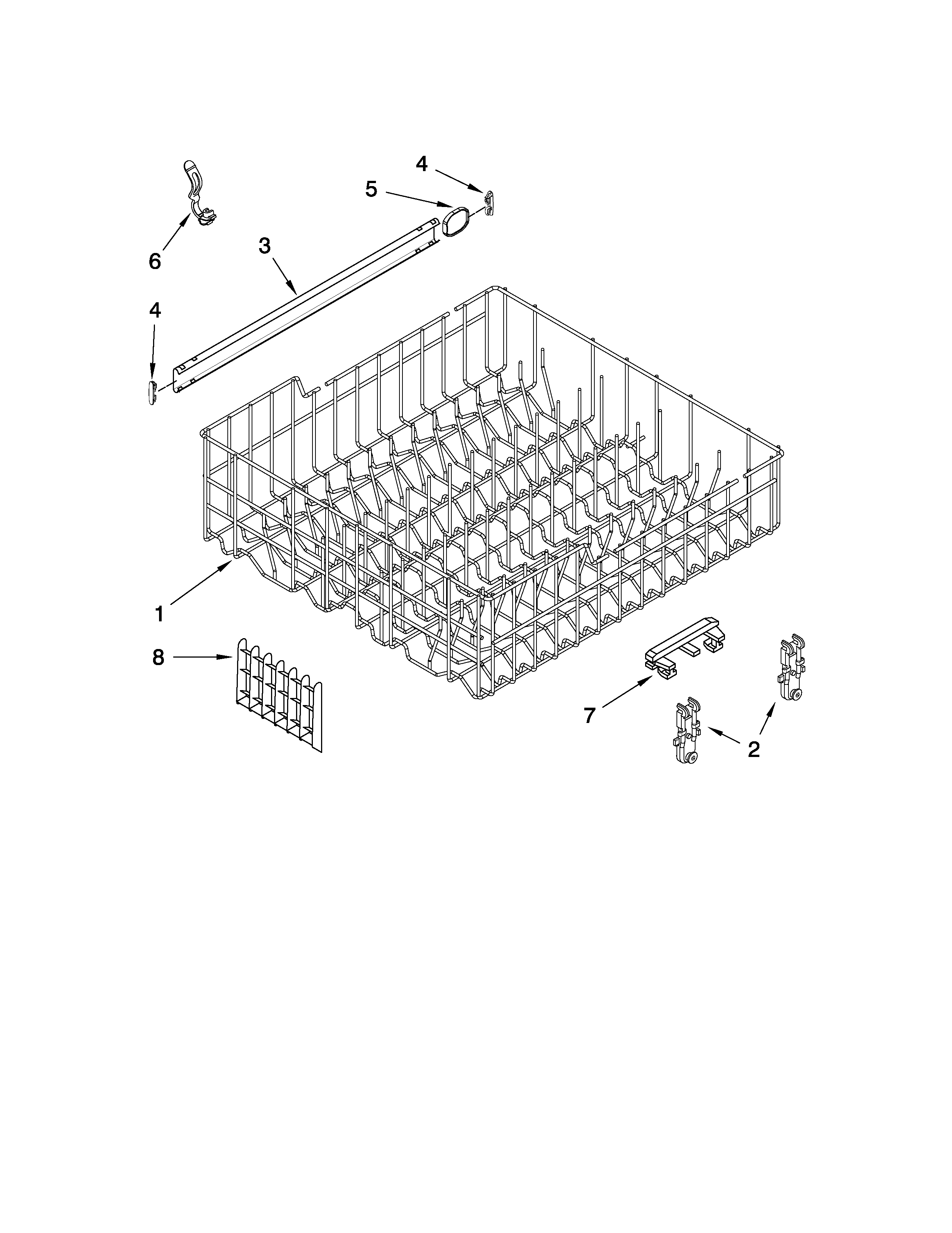 Whirlpool DU1300XTVB2 upper rack and track parts diagram