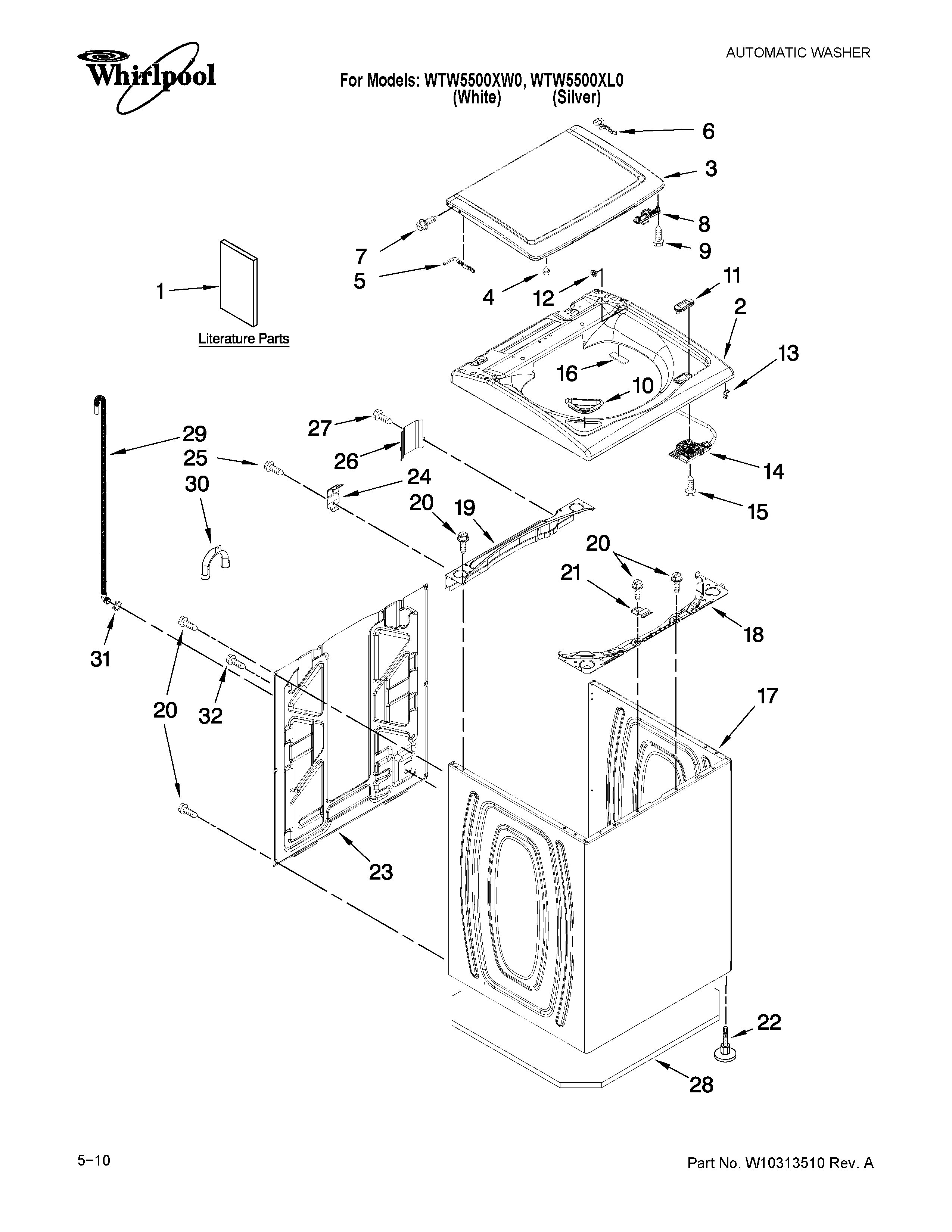 Whirlpool WTW5500XL0 top and cabinet parts diagram