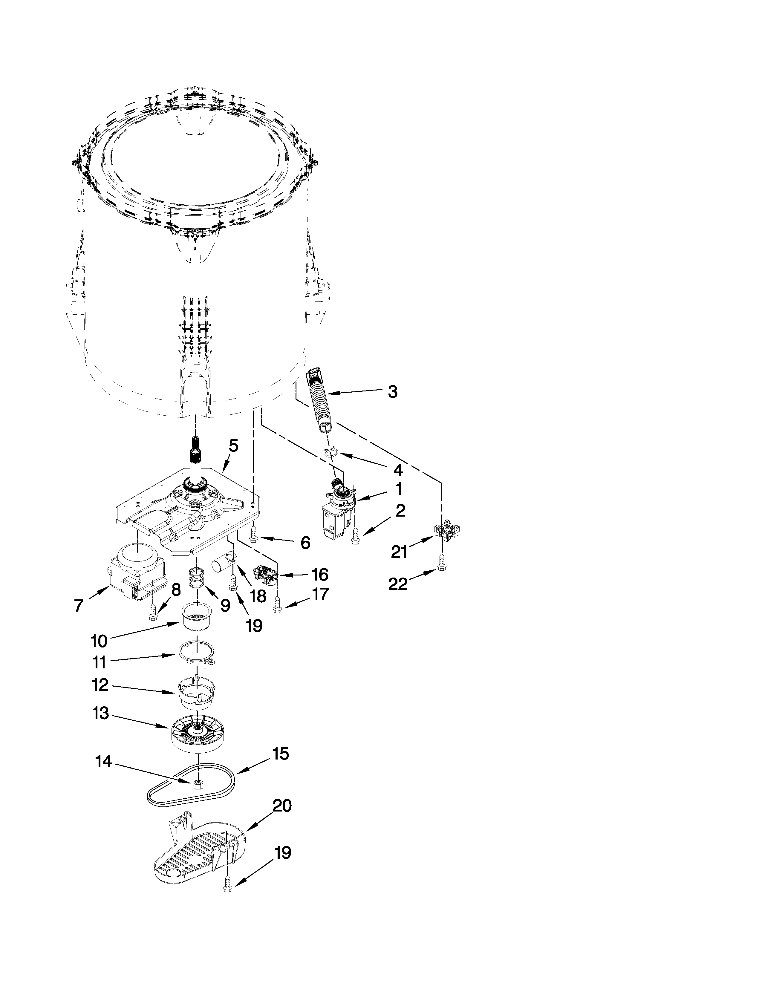 Whirlpool WTW5500XL0 gearcase, motor and pump parts diagram