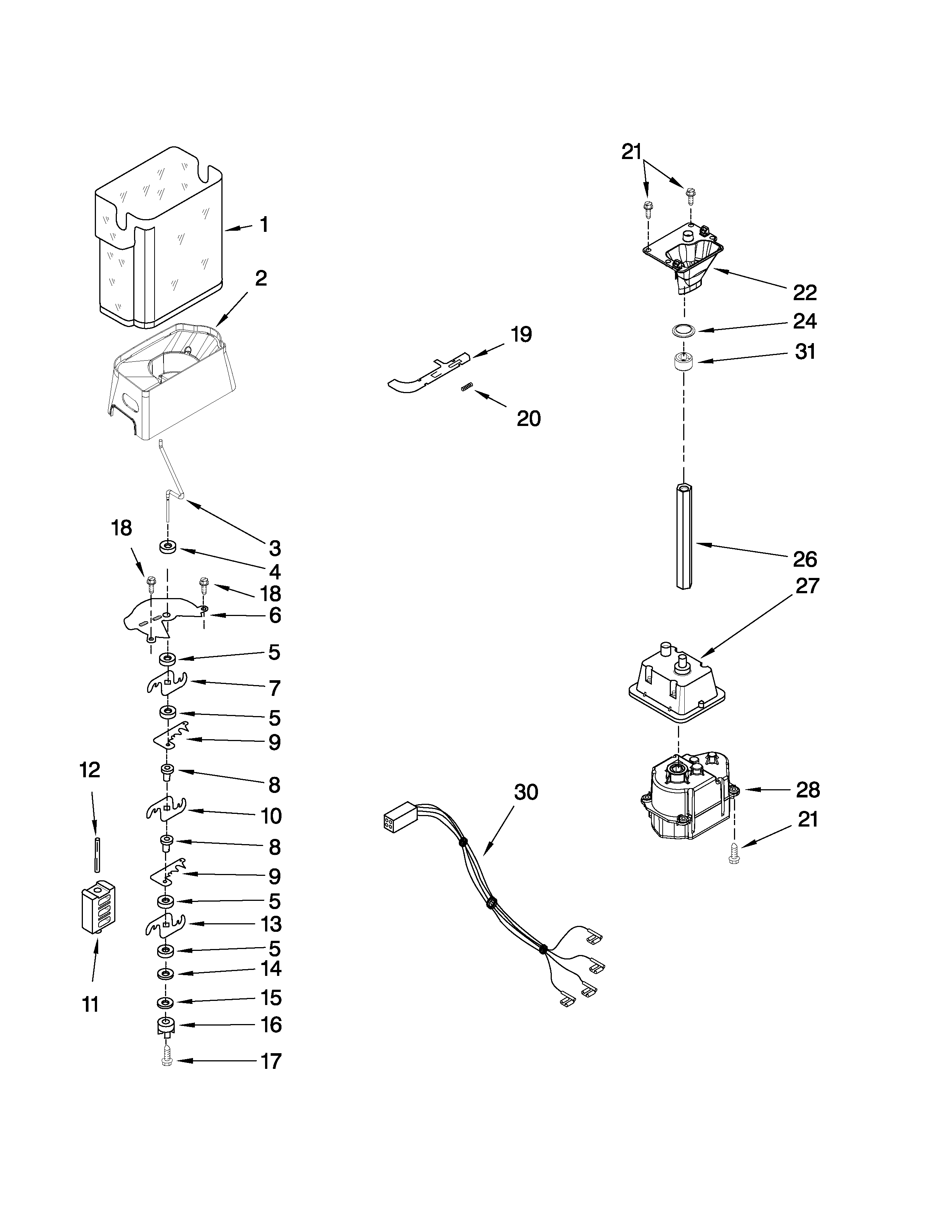 KitchenAid KSRL25FXWH00 motor and ice container parts diagram