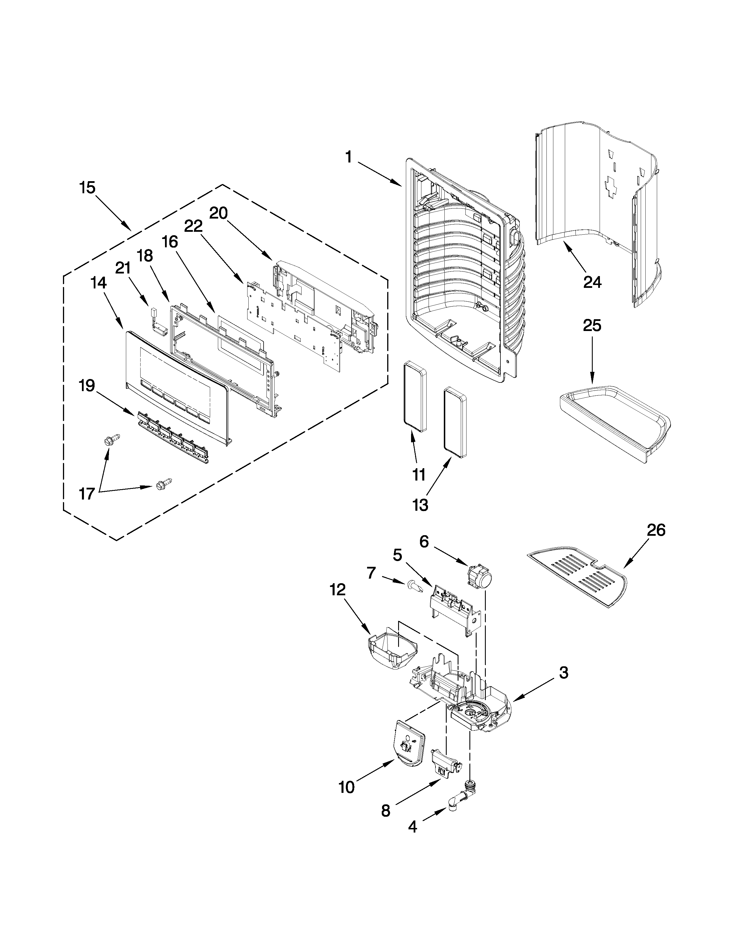 KitchenAid KSRL25FXWH00 dispenser front parts diagram