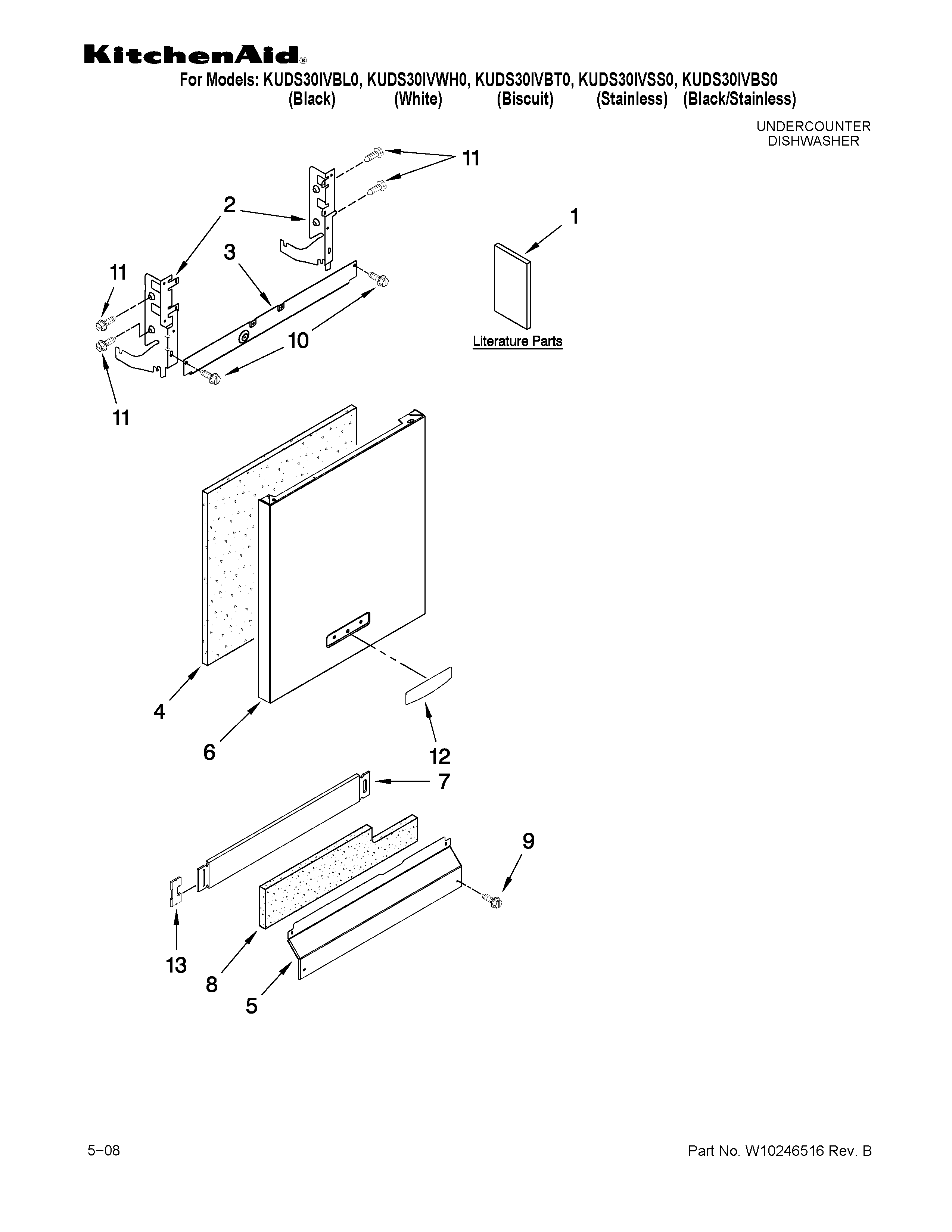 KitchenAid KUDS30IVBT0 door and panel parts diagram