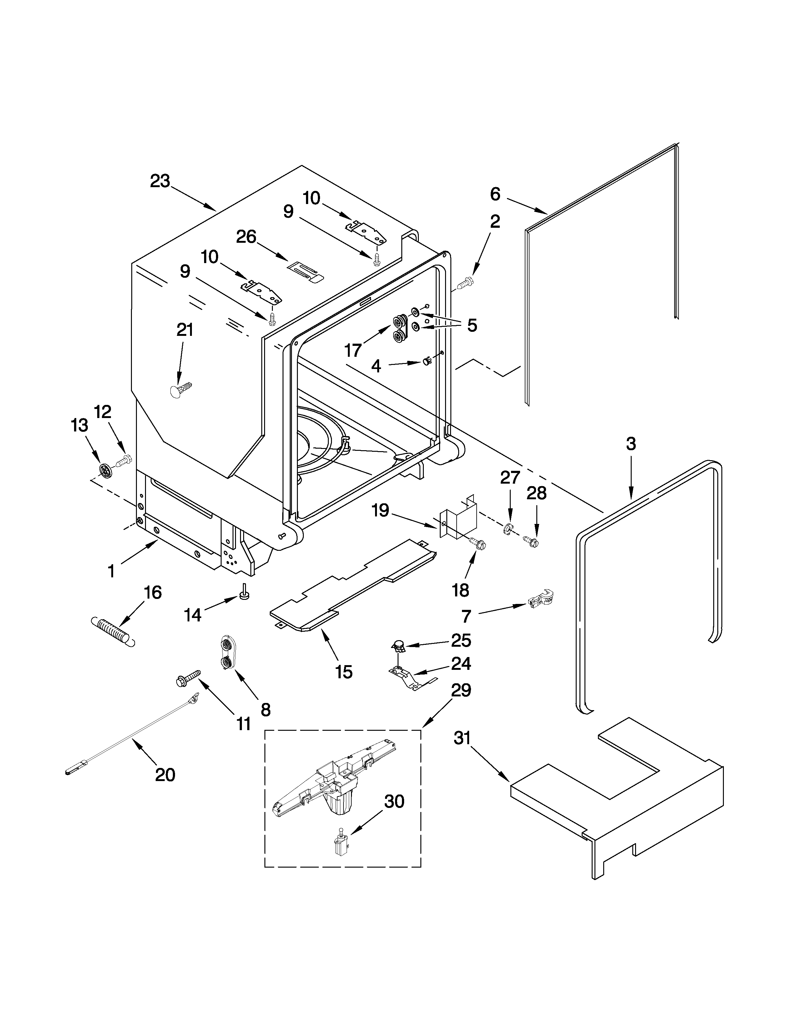 KitchenAid KUDS30IVBT0 tub and frame parts diagram