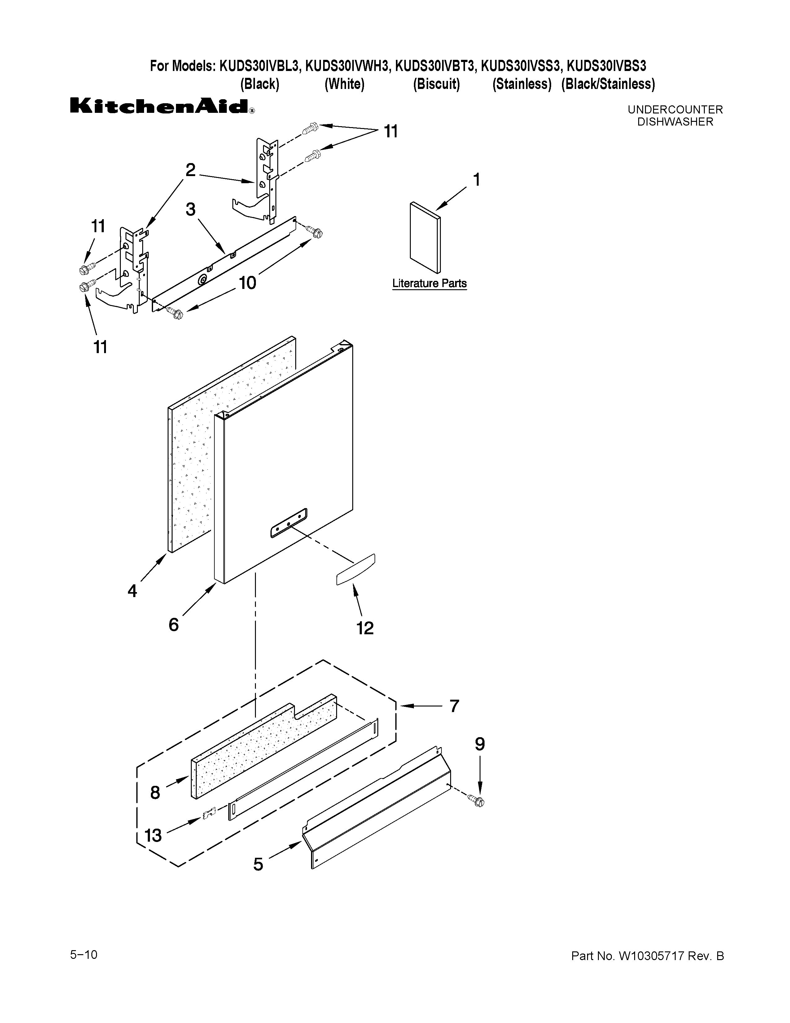 KitchenAid KUDS30IVWH3 door and panel parts diagram