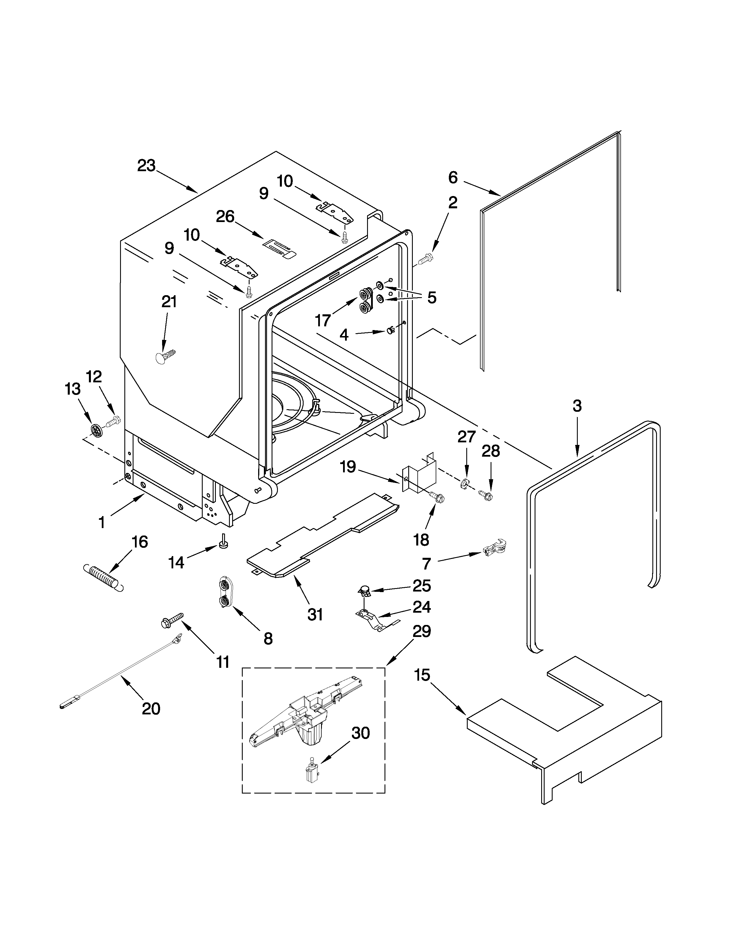 KitchenAid KUDS30IVWH3 tub and frame parts diagram