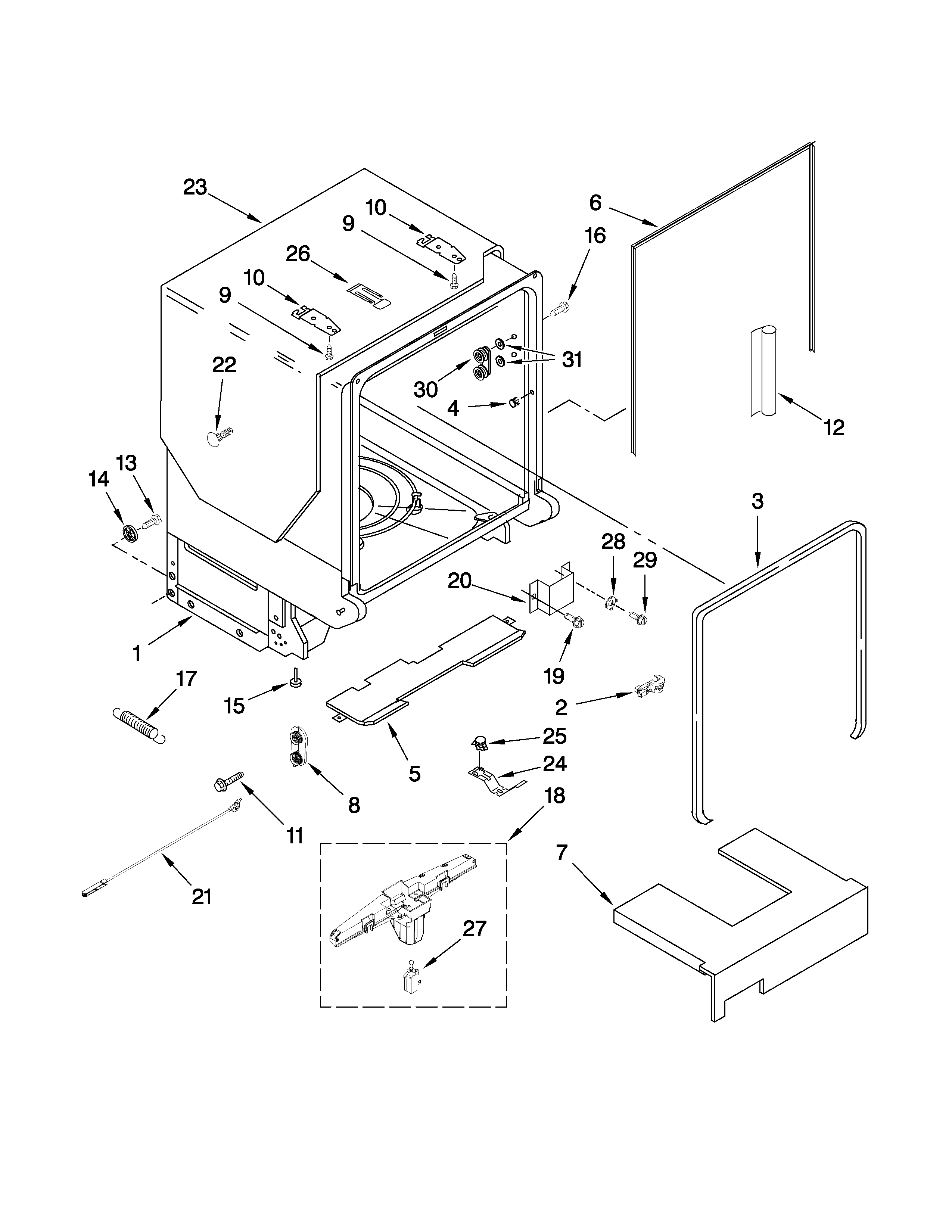 KitchenAid KUDS50FVPA4 tub and frame parts diagram