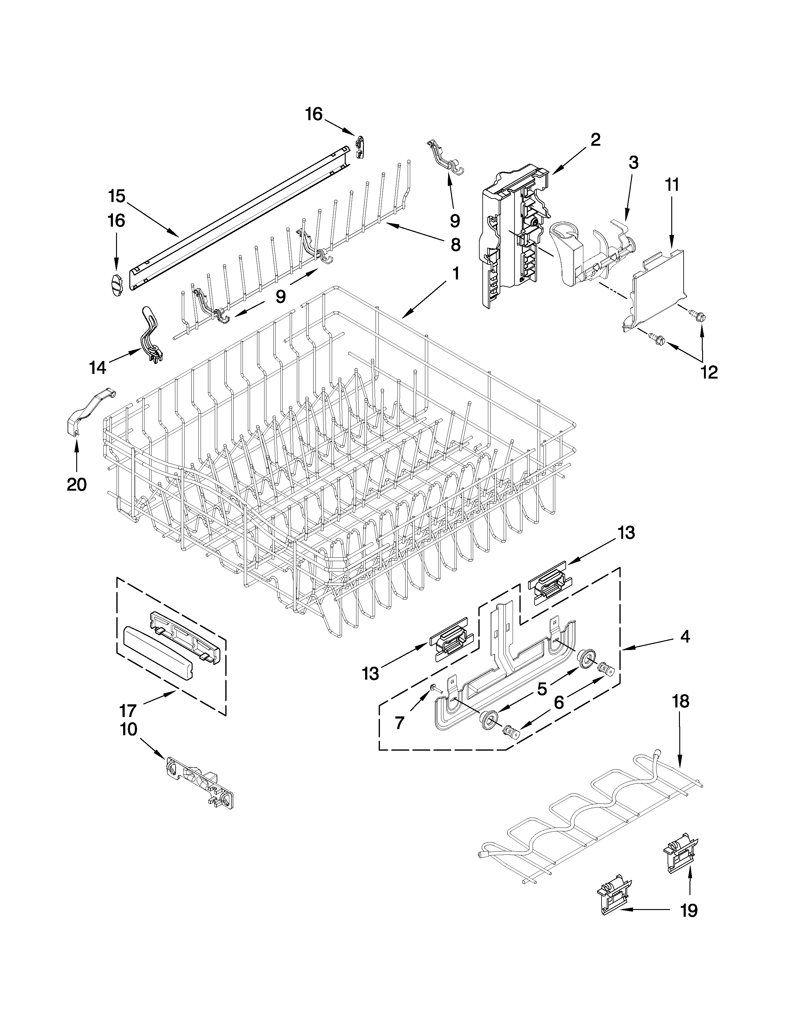 KitchenAid KUDS50FVPA4 upper rack and track parts diagram