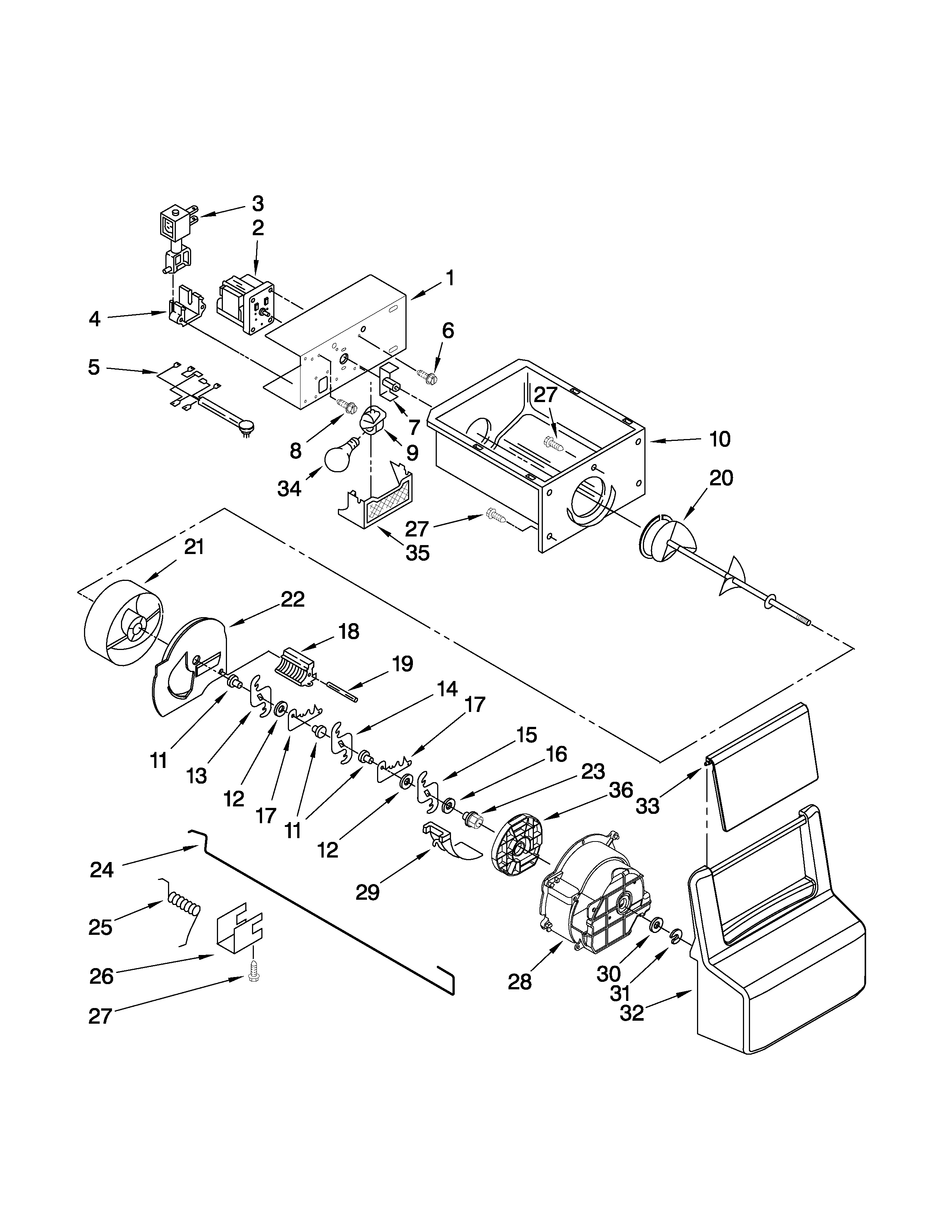 Whirlpool WSF26D3EXY00 motor and ice container parts diagram