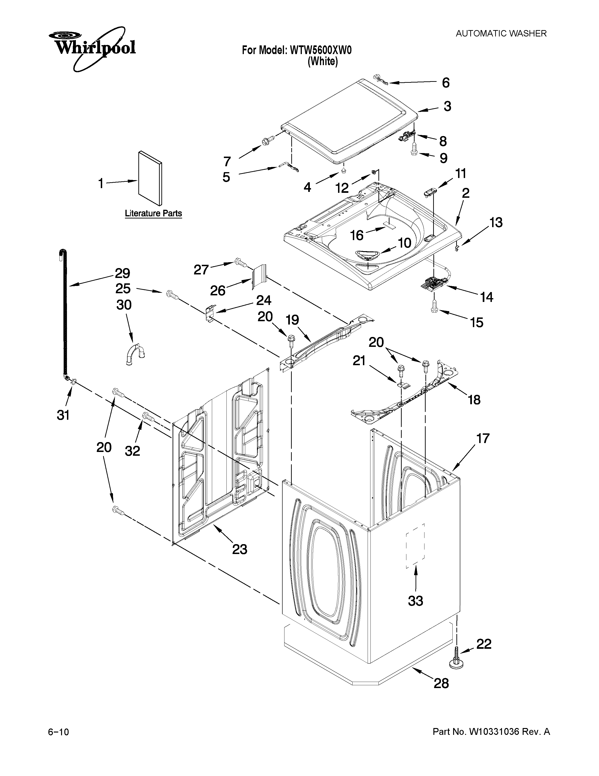 Whirlpool WTW5600XW0 top and cabinet parts diagram