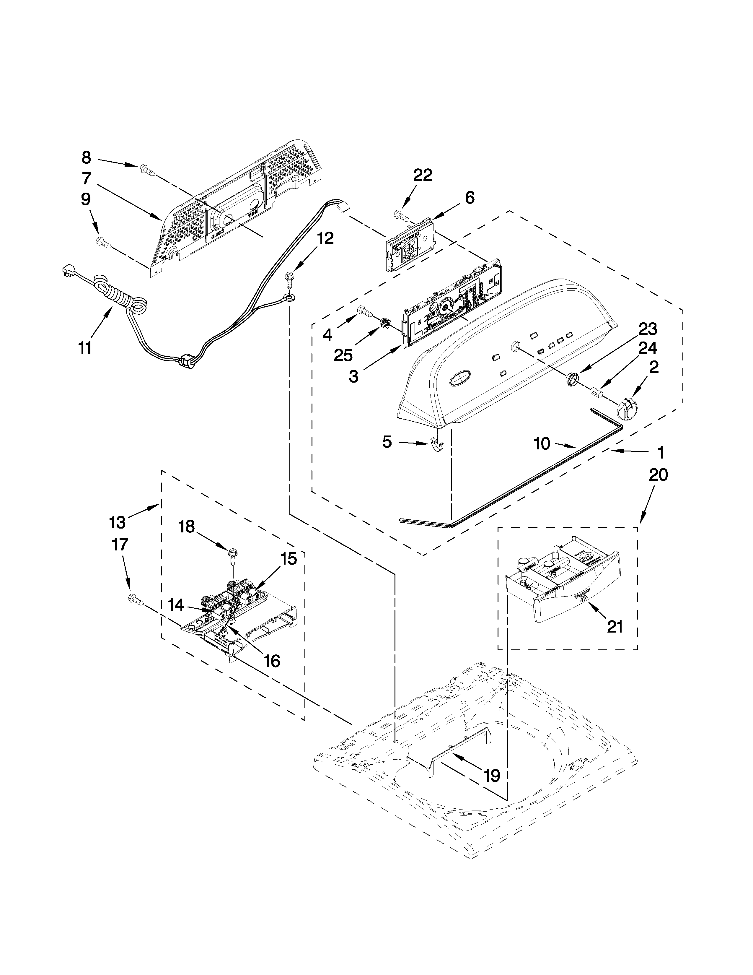 Whirlpool WTW5600XW0 console and dispenser parts diagram