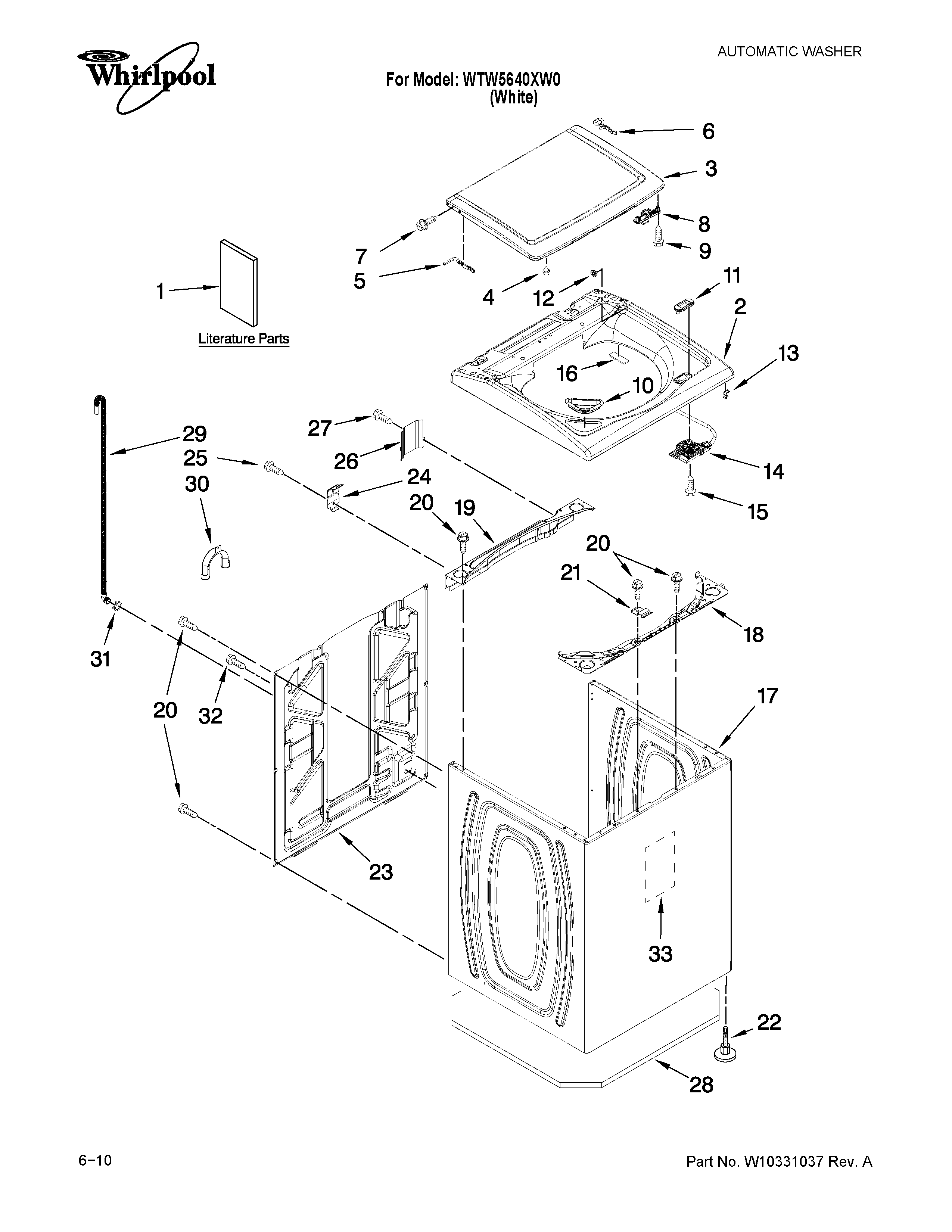 Whirlpool WTW5640XW0 top and cabinet parts diagram
