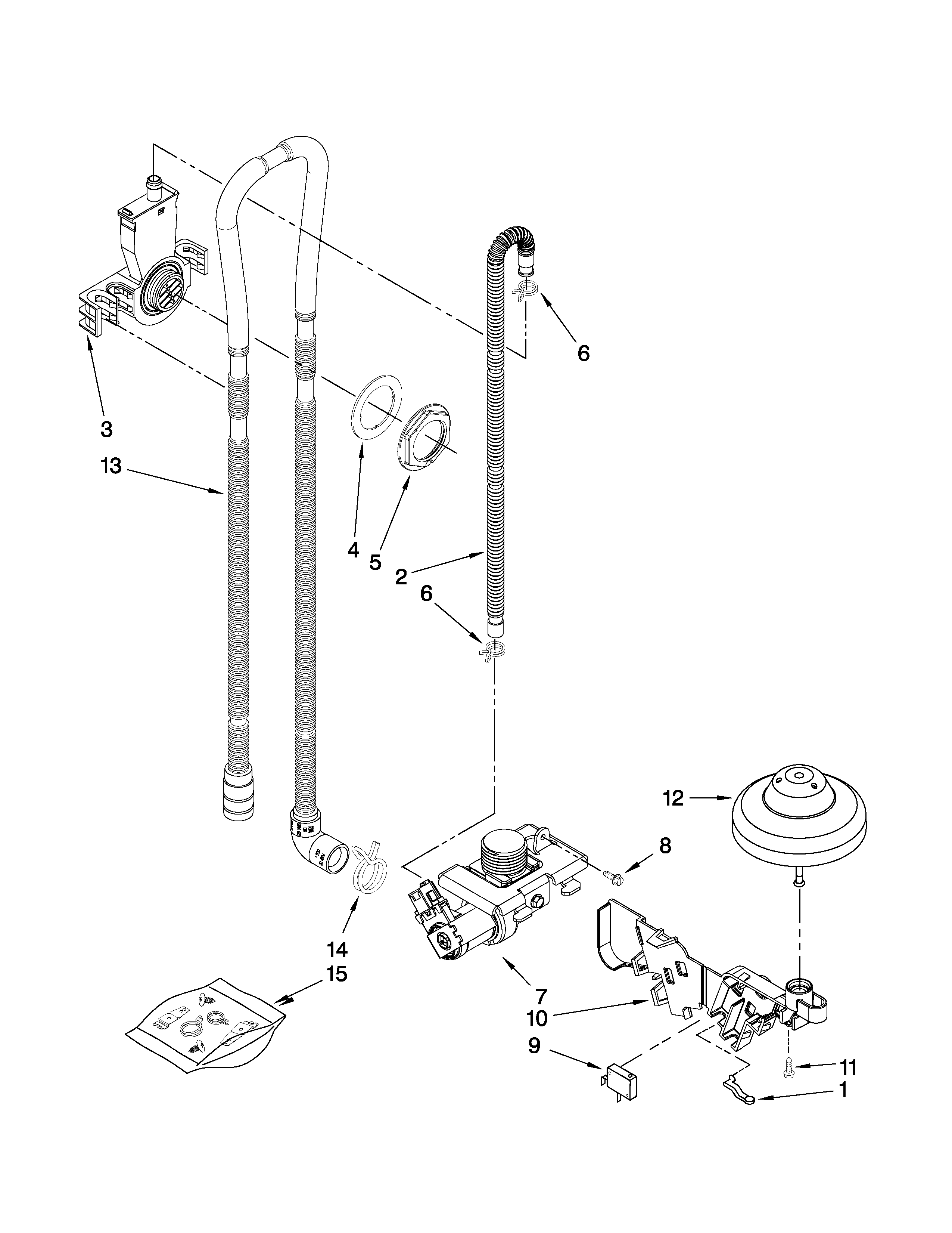 Whirlpool DU1345XTVB2 fill, drain and overfill parts diagram