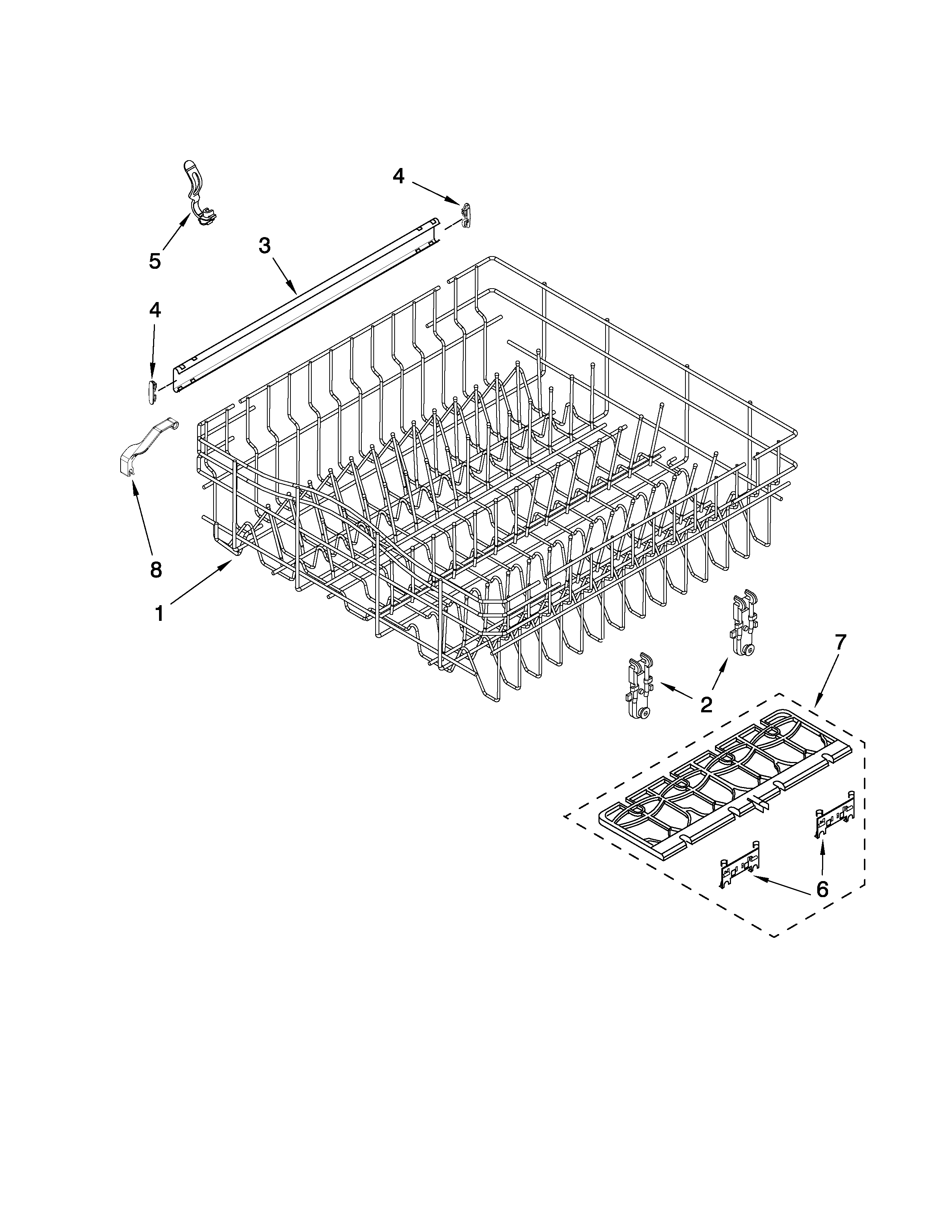Whirlpool DU1345XTVB2 upper rack and track parts diagram