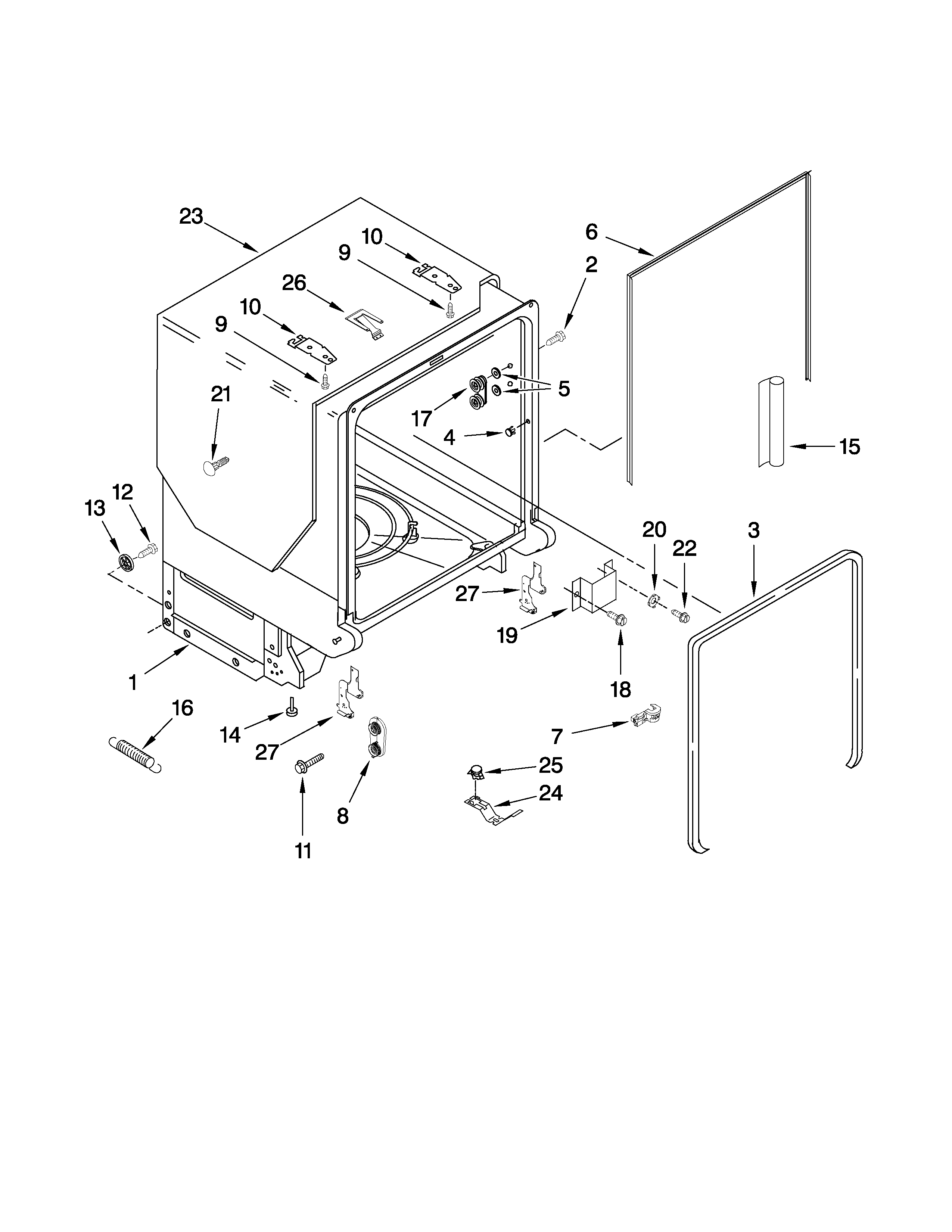 Jenn-Air JDB3650AWF2 tub and frame parts diagram